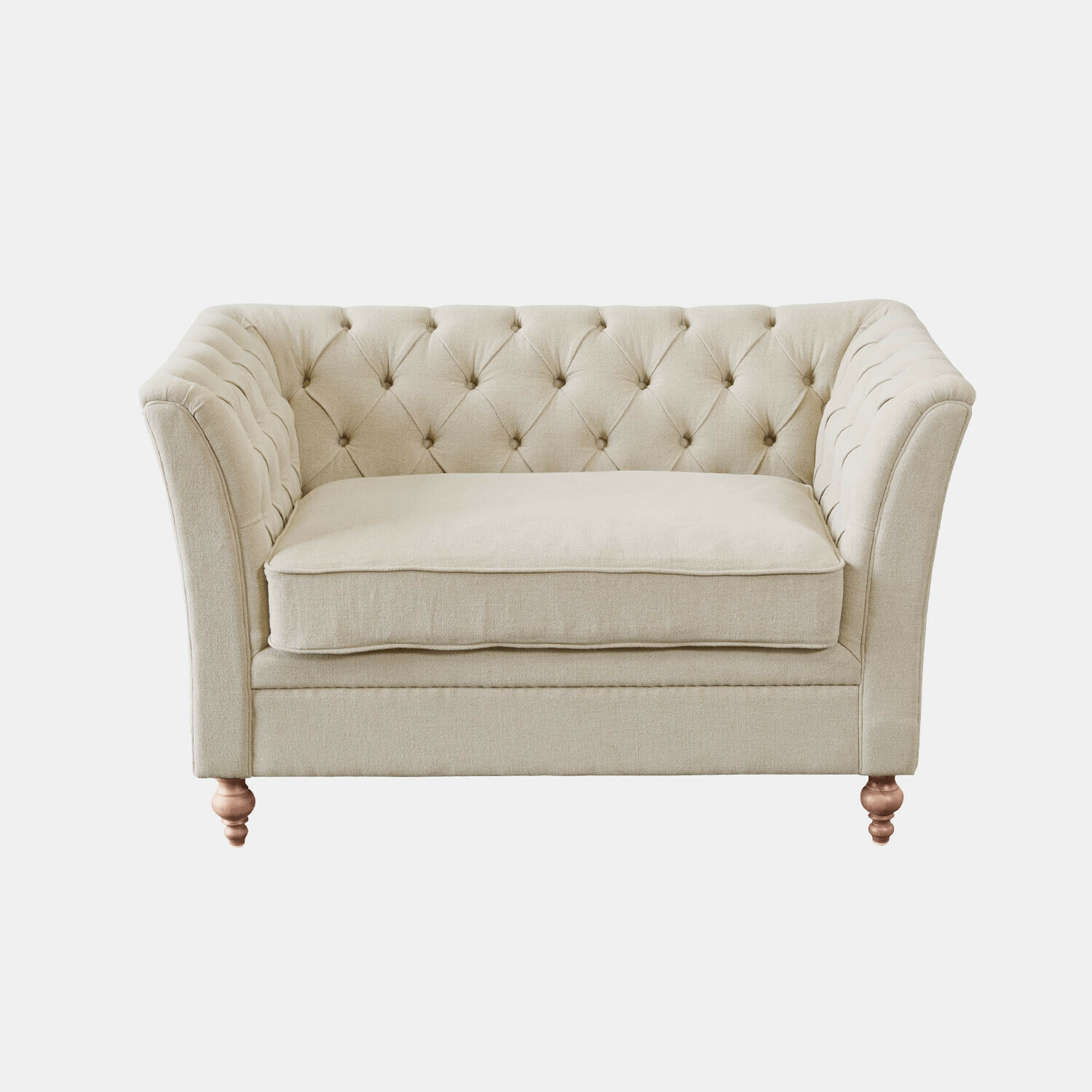 beige Beiges Sofa aus Stoff mit gesteppter Rückenlehne und Holzbeinen, elegantes Wohnzimmermöbel