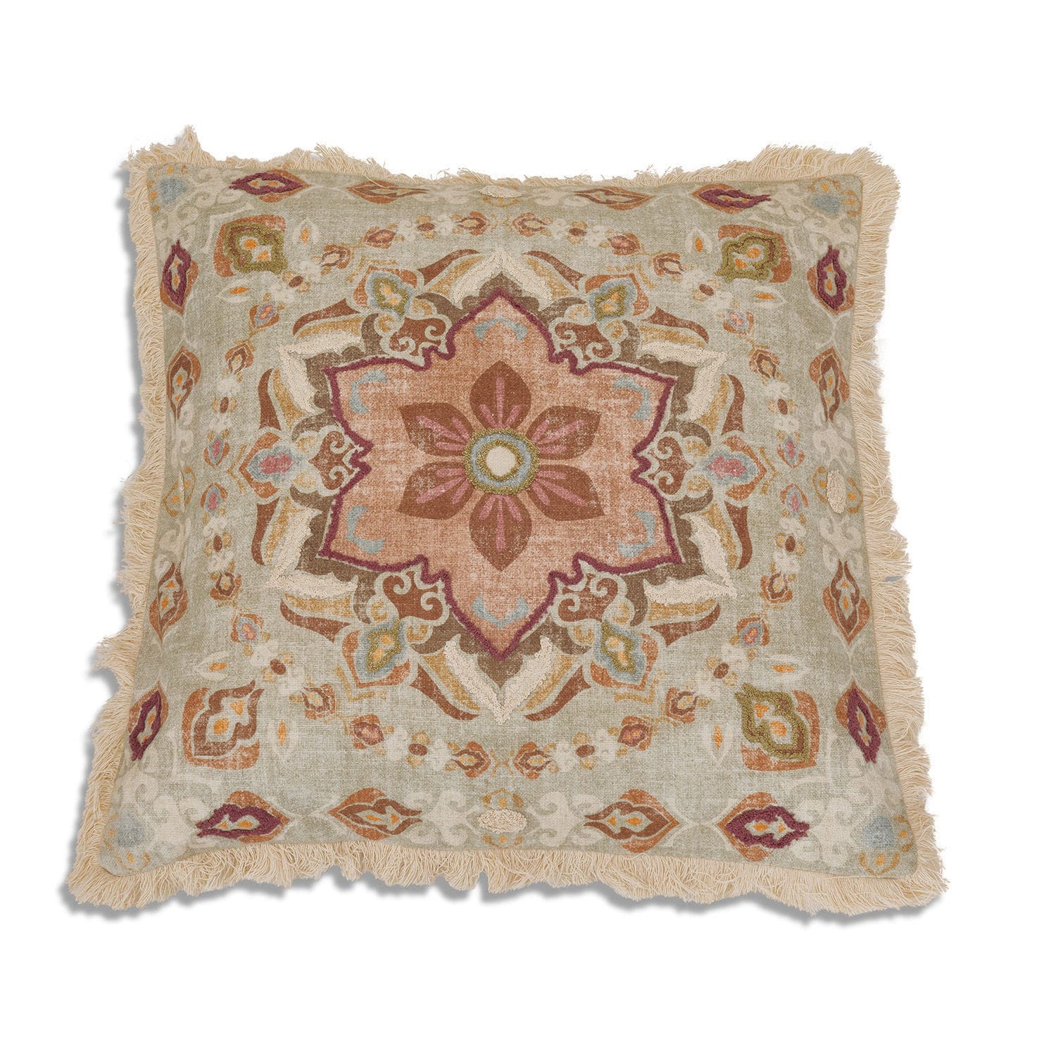 Kissen Garchy Dekoratives Baumwollkissen in Beige mit floralem Muster und Fransen für gemütliche Räume
