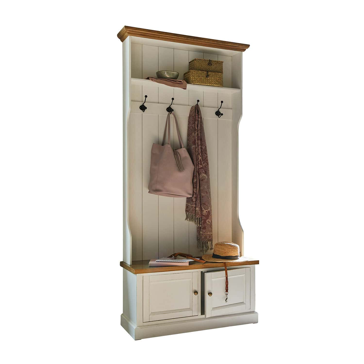 Garderobe Colchester Weiße Holzkommode mit Haken und Ablage, Naturholzplatte, praktisches Möbel für den Flur