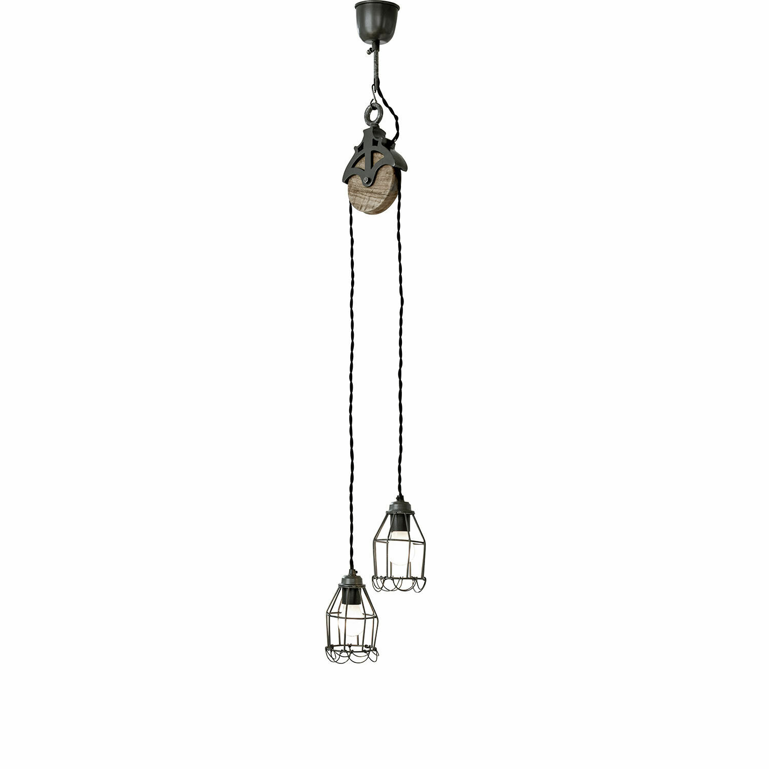 Hängelampe Trevici Doppelte Hängelampe mit schwarzem Metallkäfig und Holzelement im Industrie-Design für Innenräume