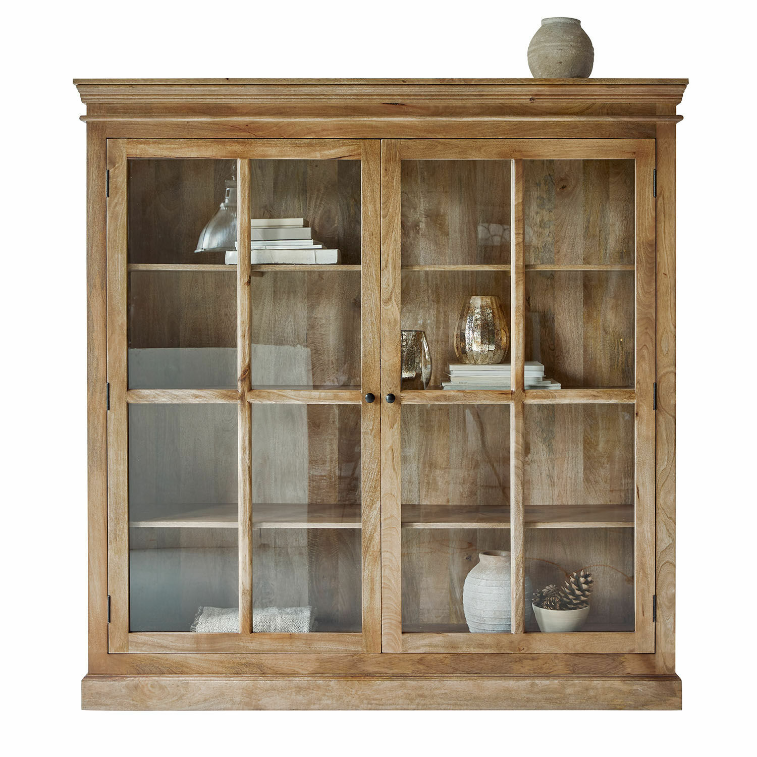 Schrank Norcelles Holzvitrine mit Glastüren und Regalen in natürlicher Holzfarbe, Wohnzimmermöbel