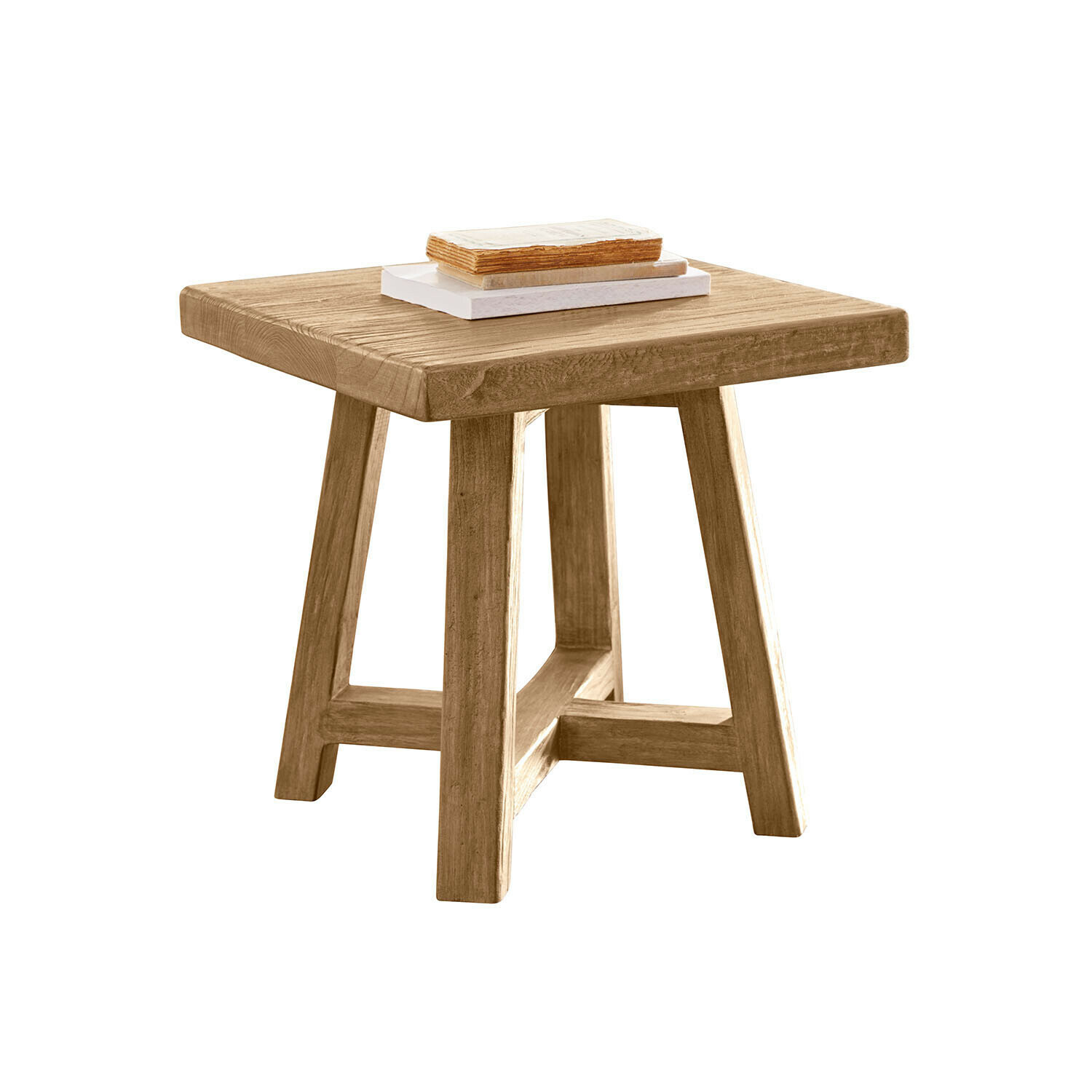 Beistelltisch Eldonbury Quadratischer Beistelltisch aus Naturholz mit Büchern auf der Platte, Wohnzimmermöbel