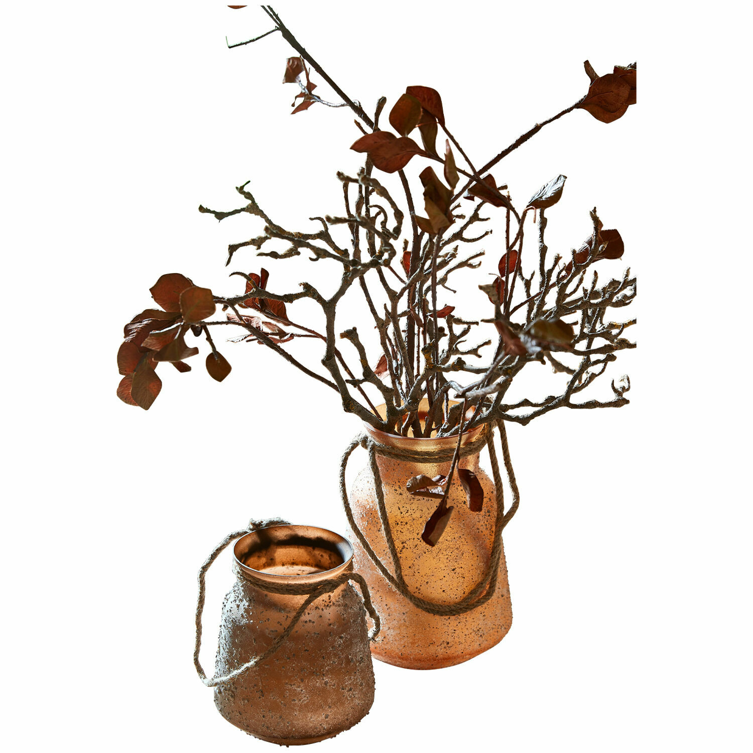 Vase 2er Set Querello Zwei dekorative kupferfarbene Glasvasen mit Kordelgriffen und getrockneten Zweigen als Deko