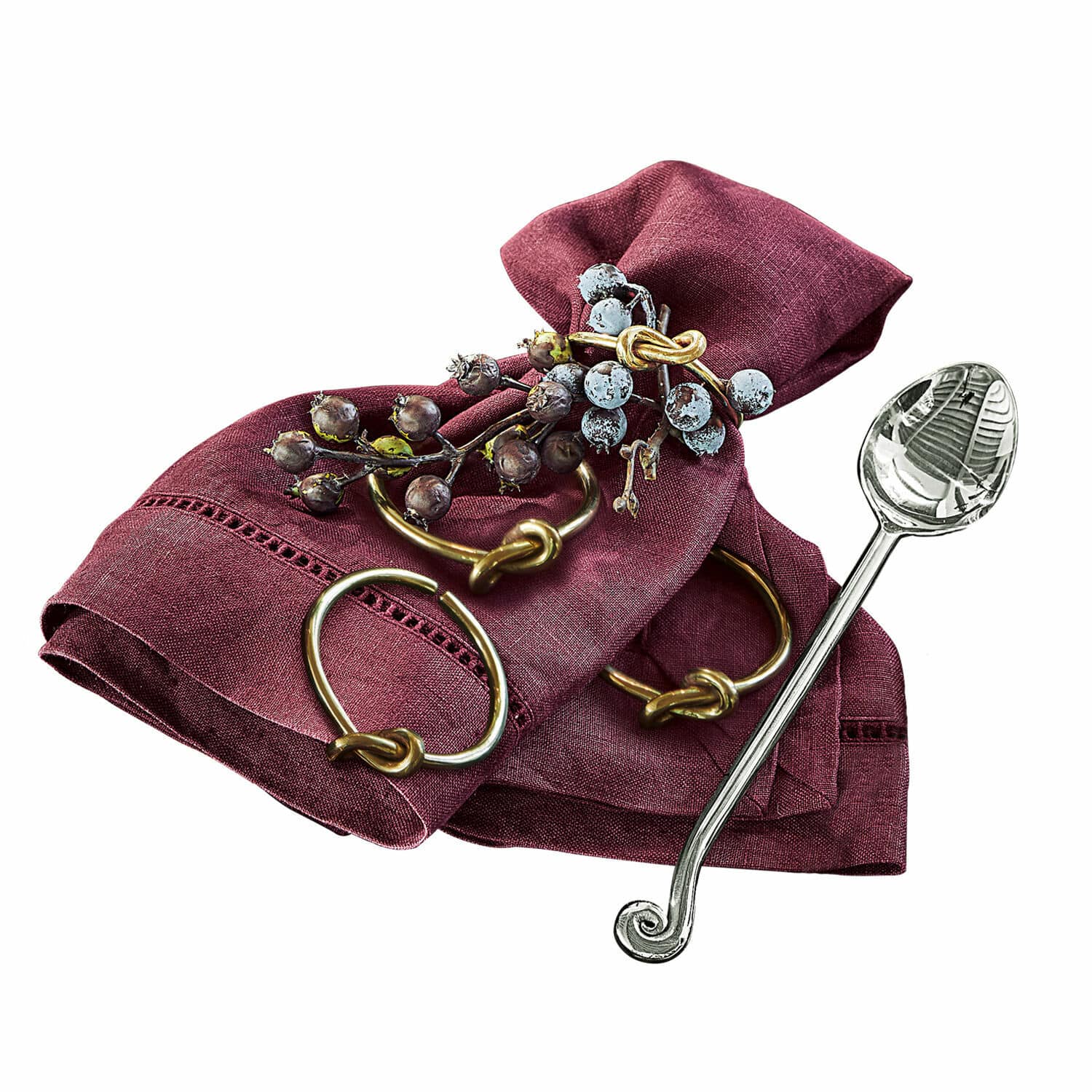 Serviettenring 4er Set Motje Bordeauxfarbene Leinenserviette mit Messingring und Beerendekor für den Tisch