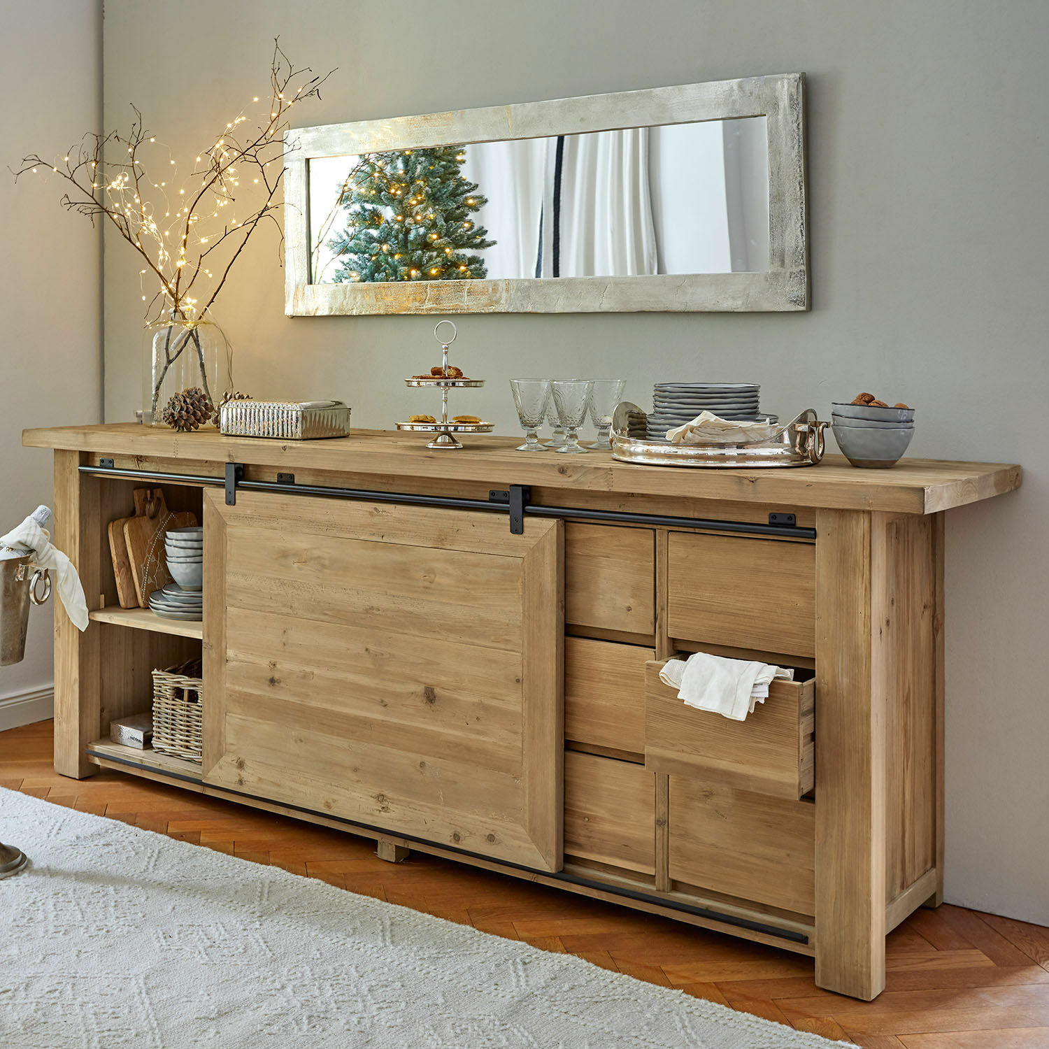 Kommode Orleans Kommode aus Naturholz mit Schiebetür und Schubladen für Wohnzimmer und Stauraum