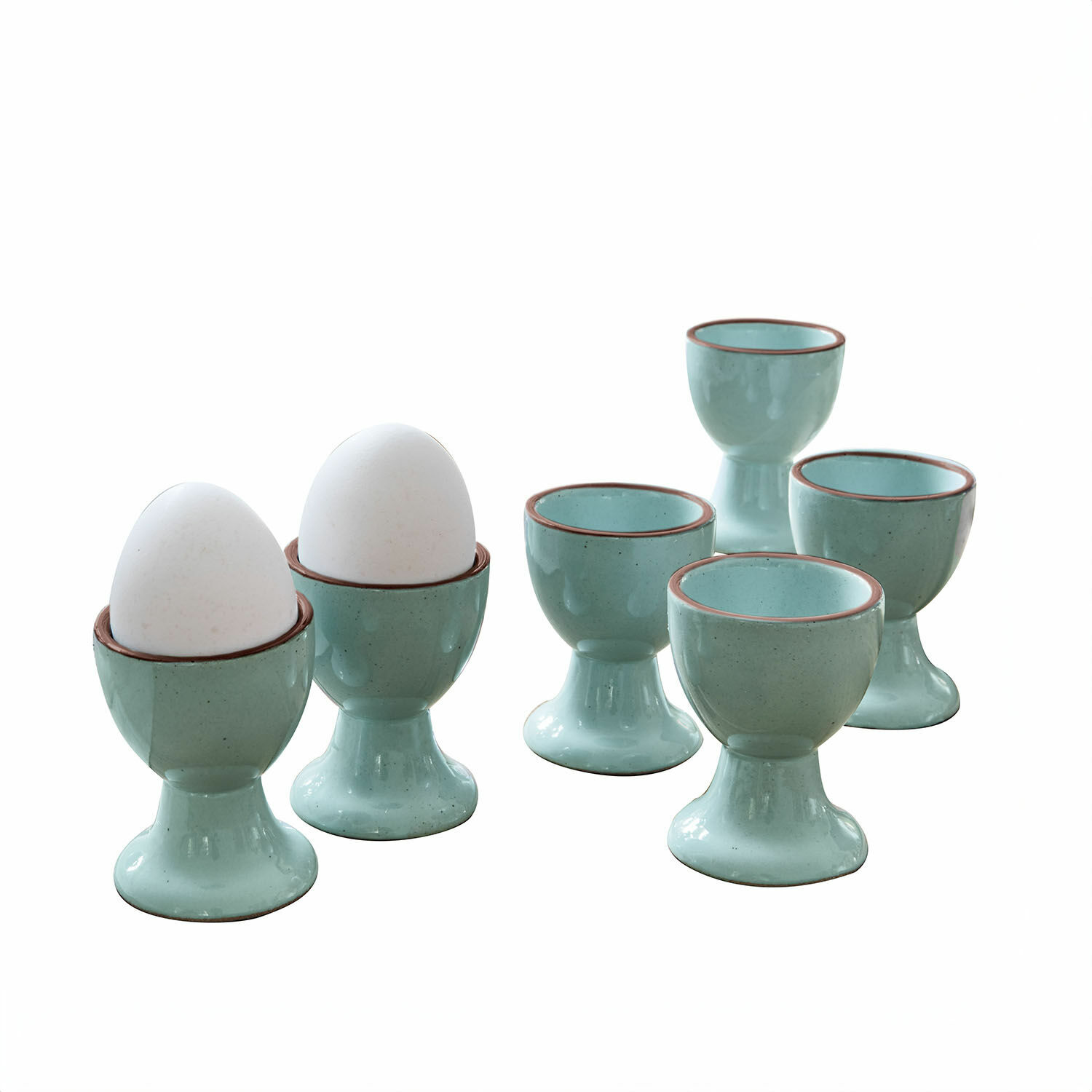 türkis 6er Set türkisfarbene Keramik-Eierbecher mit braunem Rand für das Frühstück