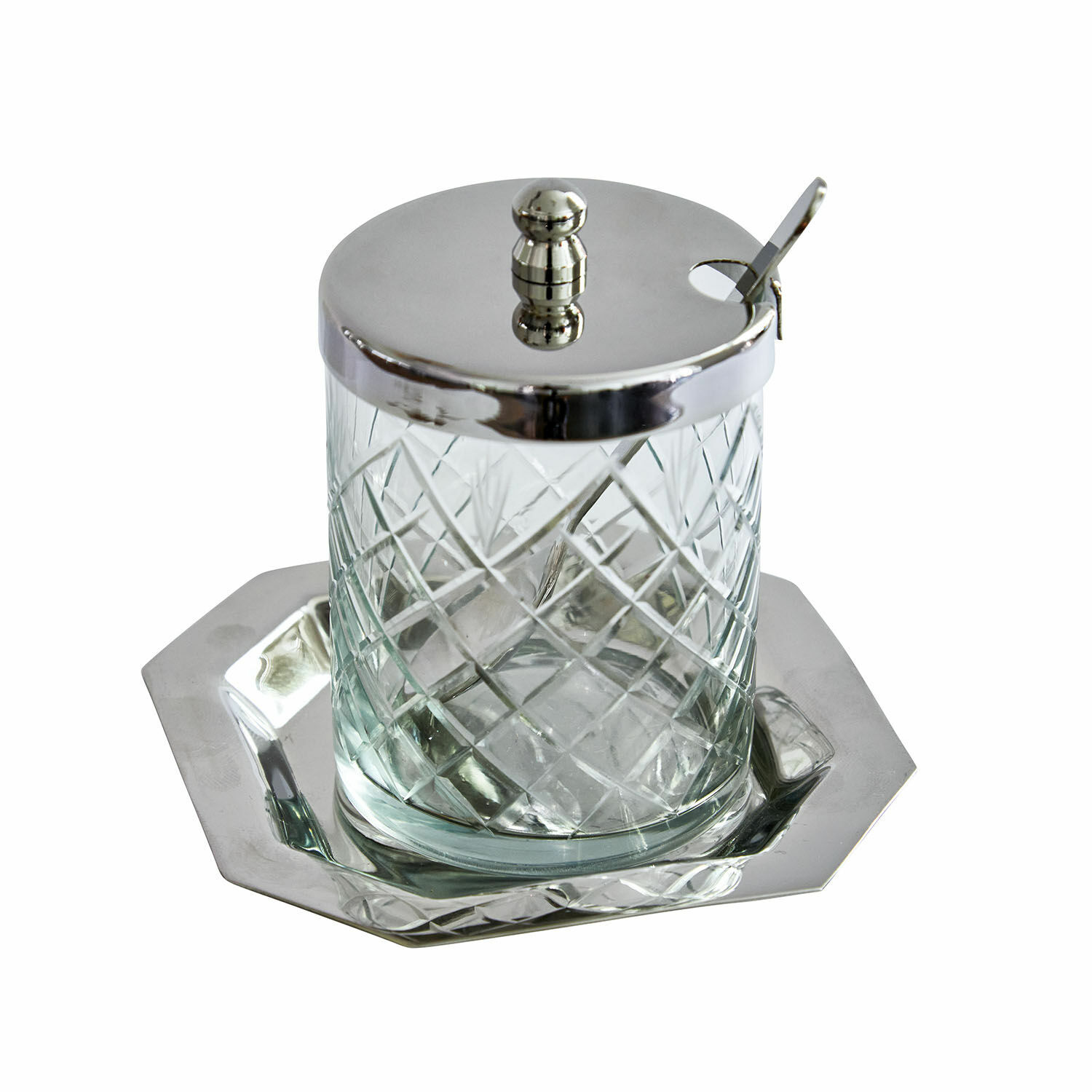 Glasdose Mornais Glasbehälter mit Metalldeckel und Löffel auf silbernem Tablett zur Gewürzaufbewahrung