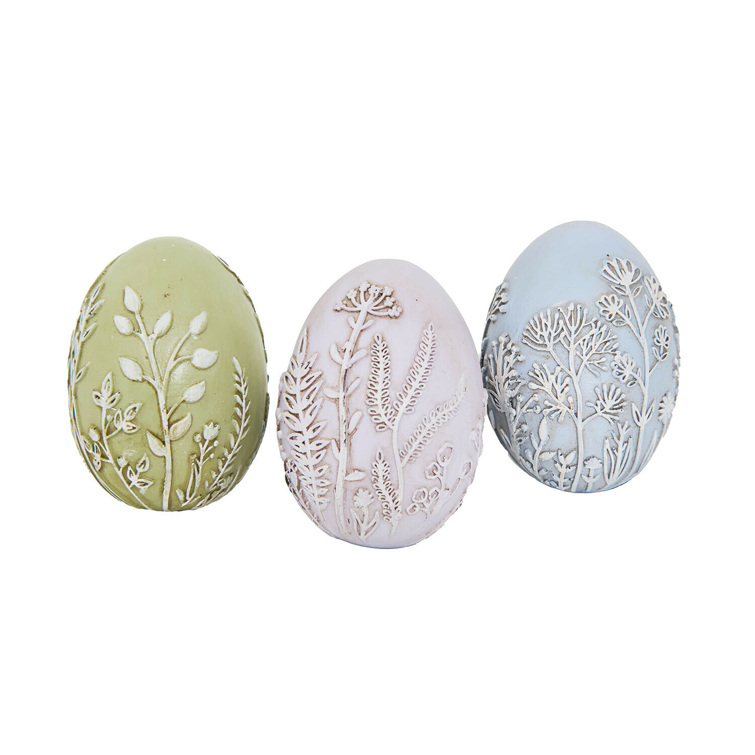 Set aus drei dekorativen Keramikeiern in Pastellfarben mit floralen Reliefmustern