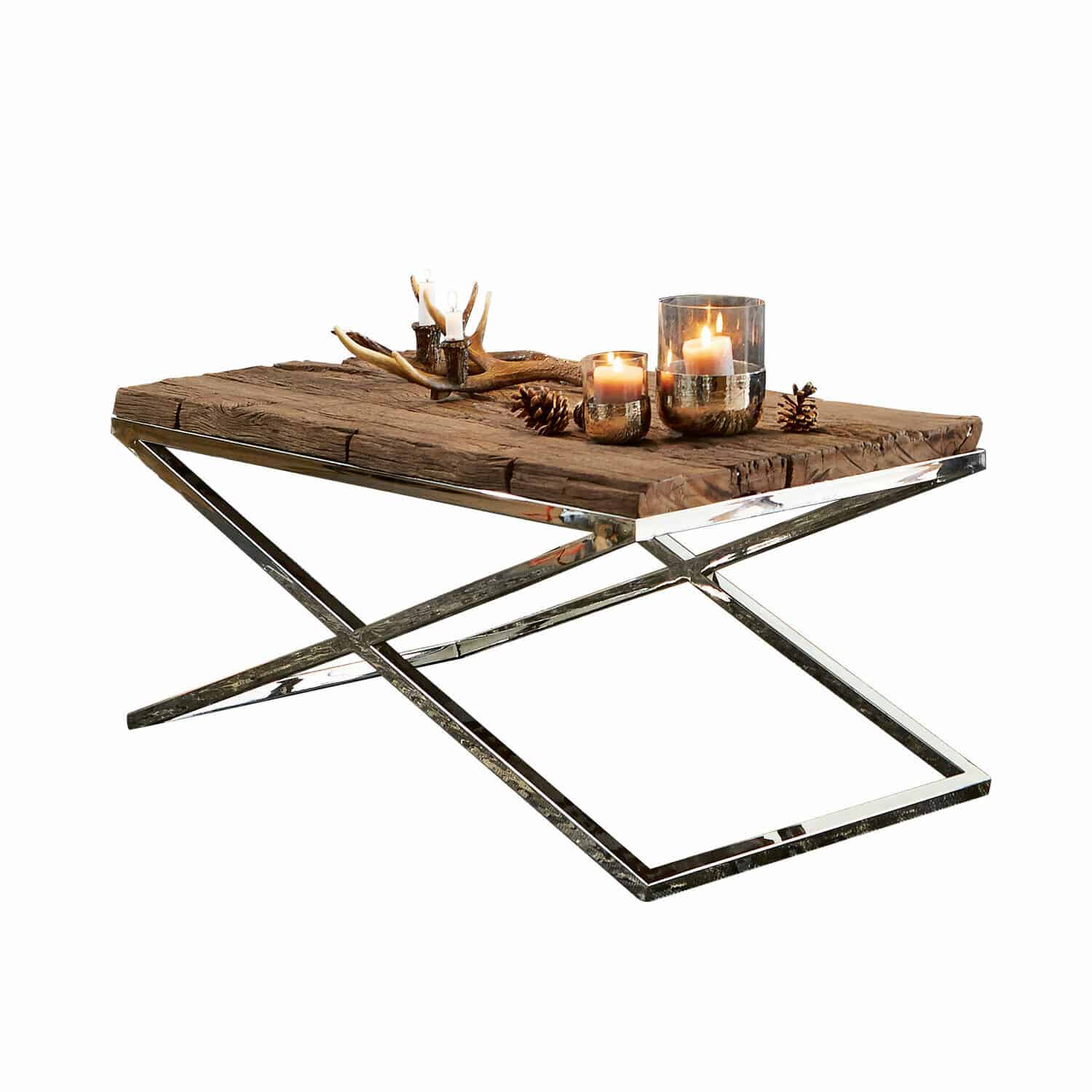 Couchtisch Wilson Couchtisch mit Holzplatte und silbernem Metallgestell, dekoriert mit brennenden Kerzen