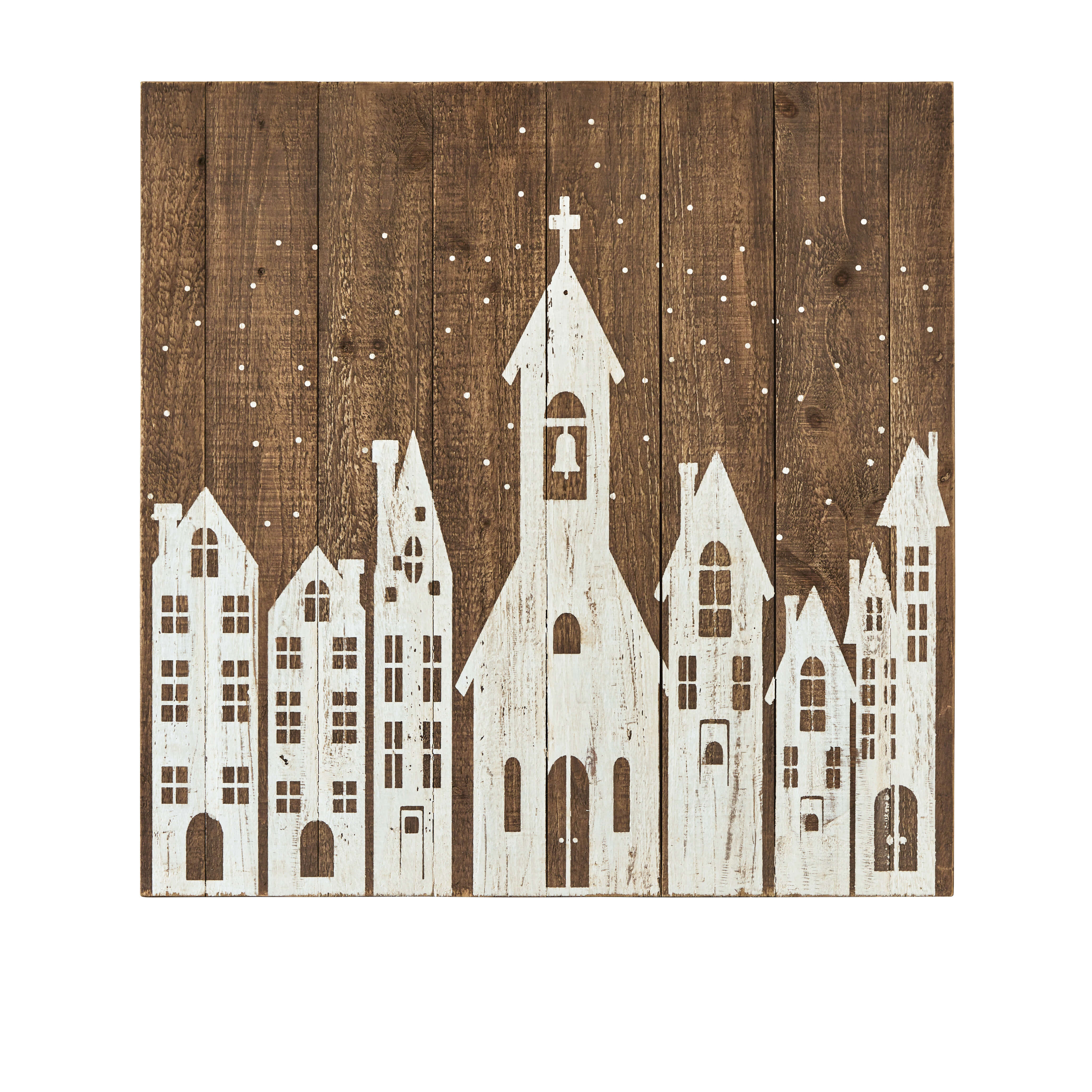 Holzwanddeko mit weißen Häusern und Kirche auf braunem Hintergrund, rustikale Weihnachtsdekoration