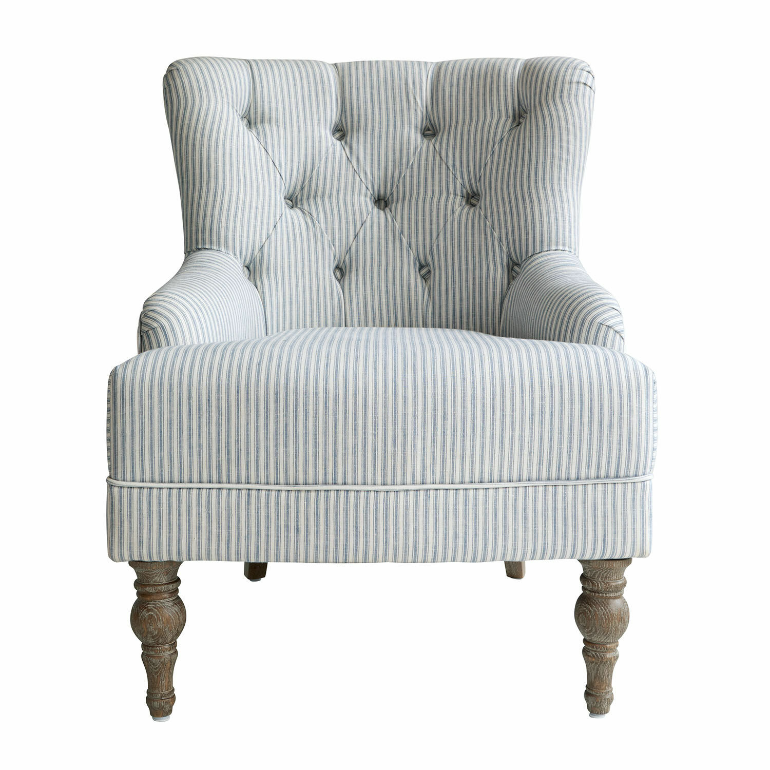 blau/weiß Sessel Amuran mit blau-weiß gestreiftem Stoffbezug und gedrechselten Holzbeinen im Vintage-Stil