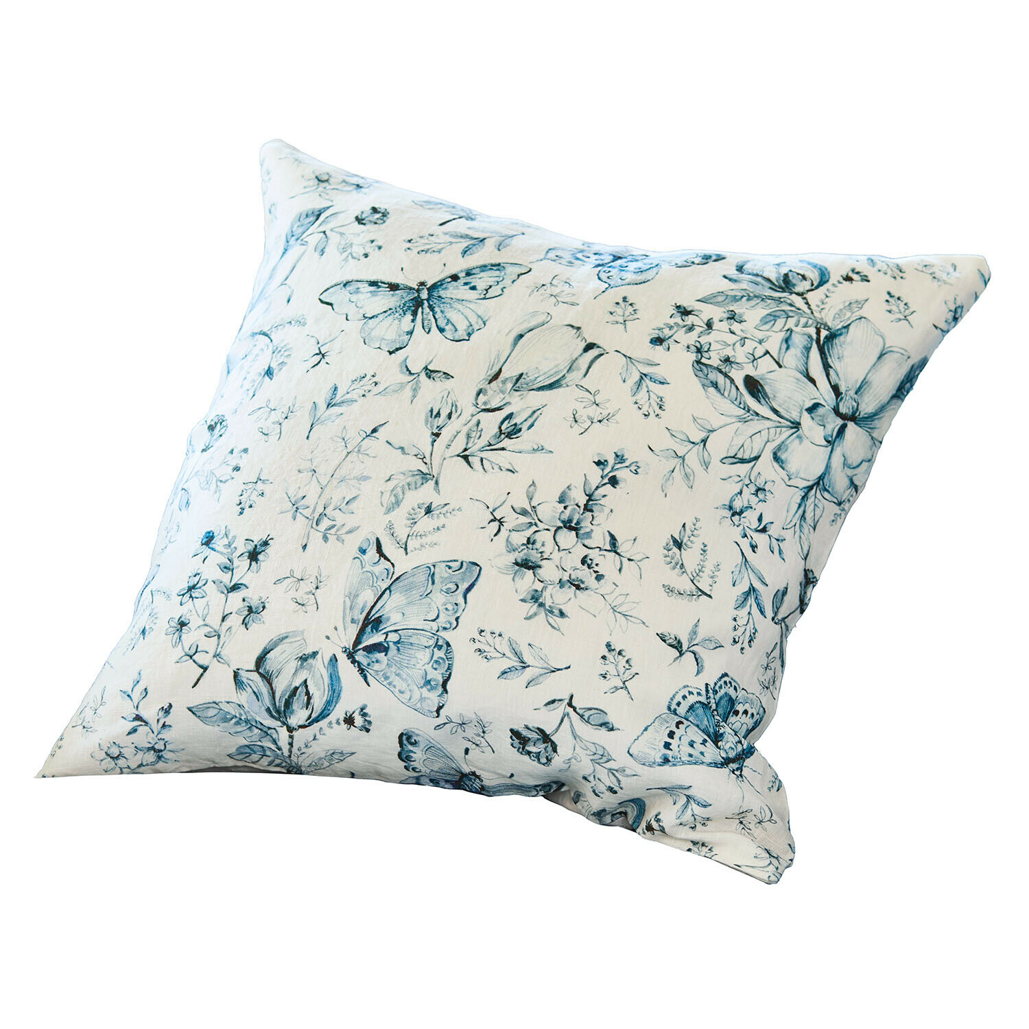 Dekoratives Baumwollkissen in Creme mit blauem Schmetterlings- und Blumenmuster für Wohnräume
