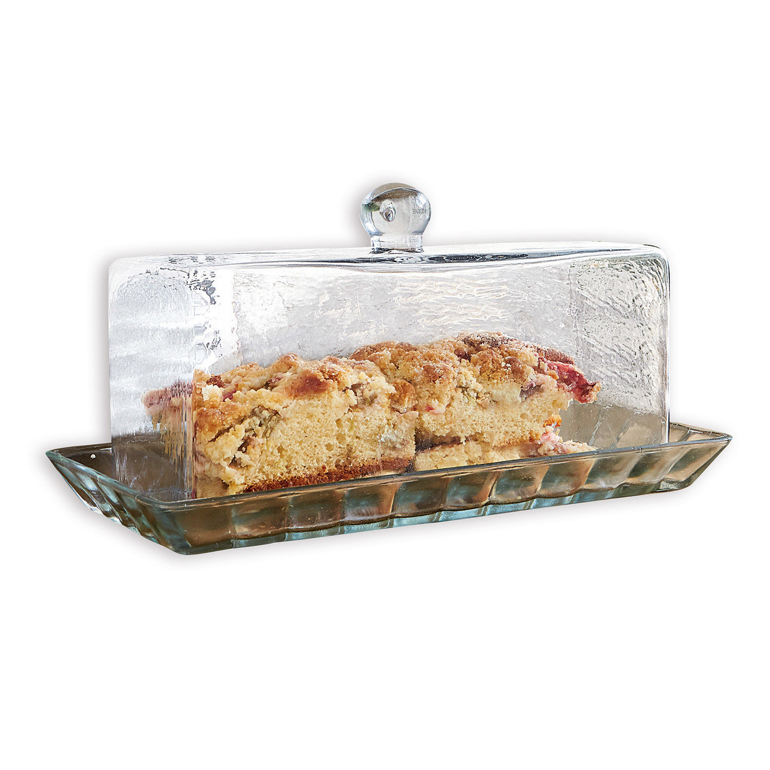 Glasglocke mit Platte Nelia Glas-Glocke mit Deckel und Stück Streuselkuchen darin, Küchenzubehör aus klarem Glas