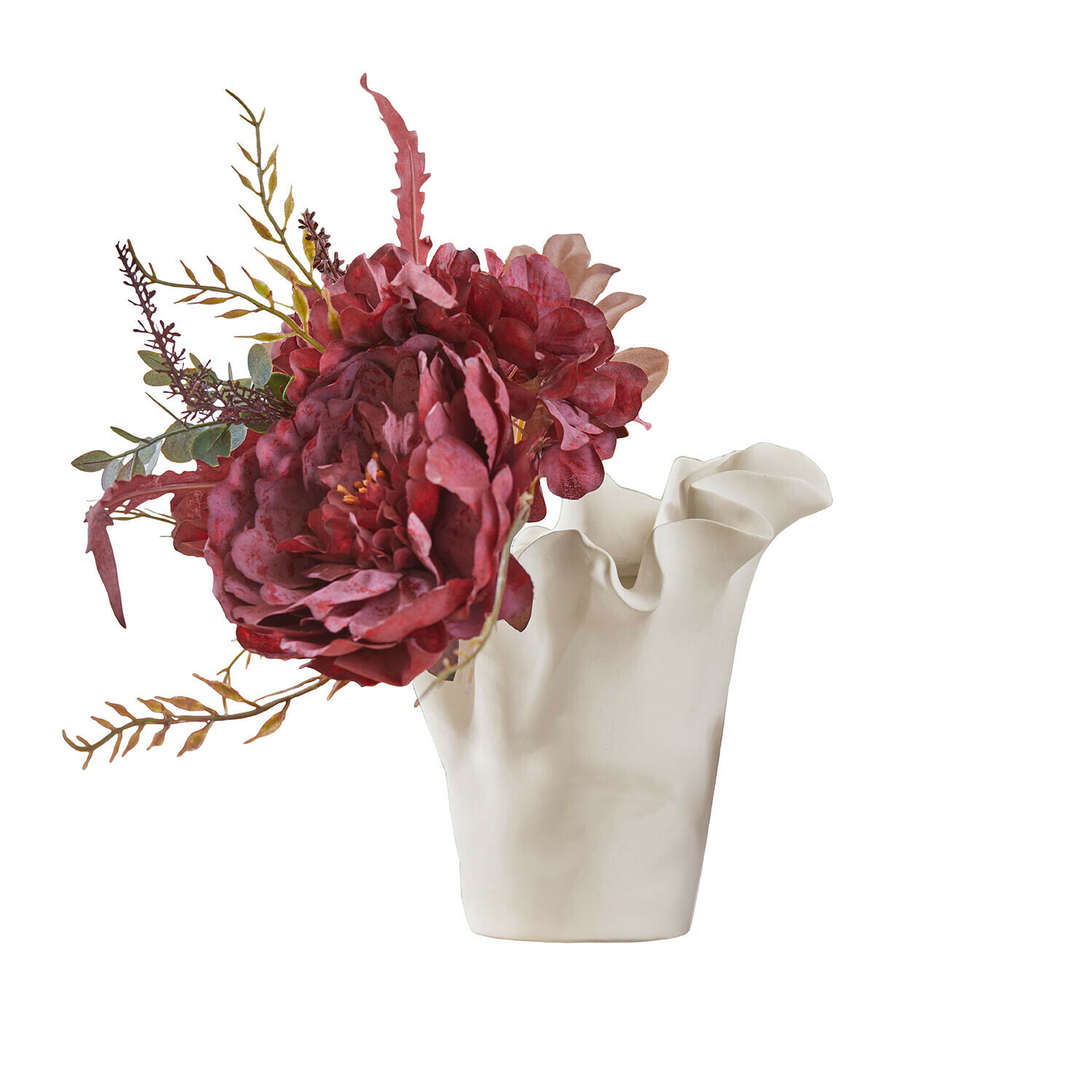Vase Elvessa Weiße Keramikvase mit welligem Rand und roten künstlichen Blumen sowie grünen Dekoblättern