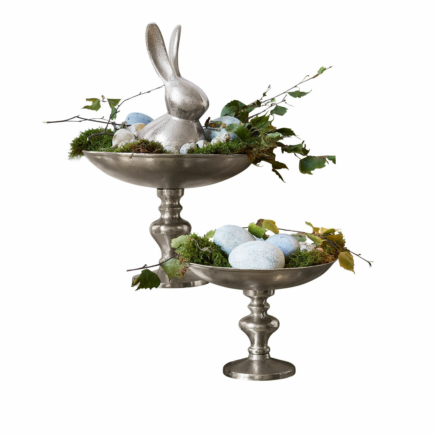 Schale 2er Set Helfa Dekorative silberne Schalen auf Fuß mit Osterhase, blauen Eiern und grünem Moos