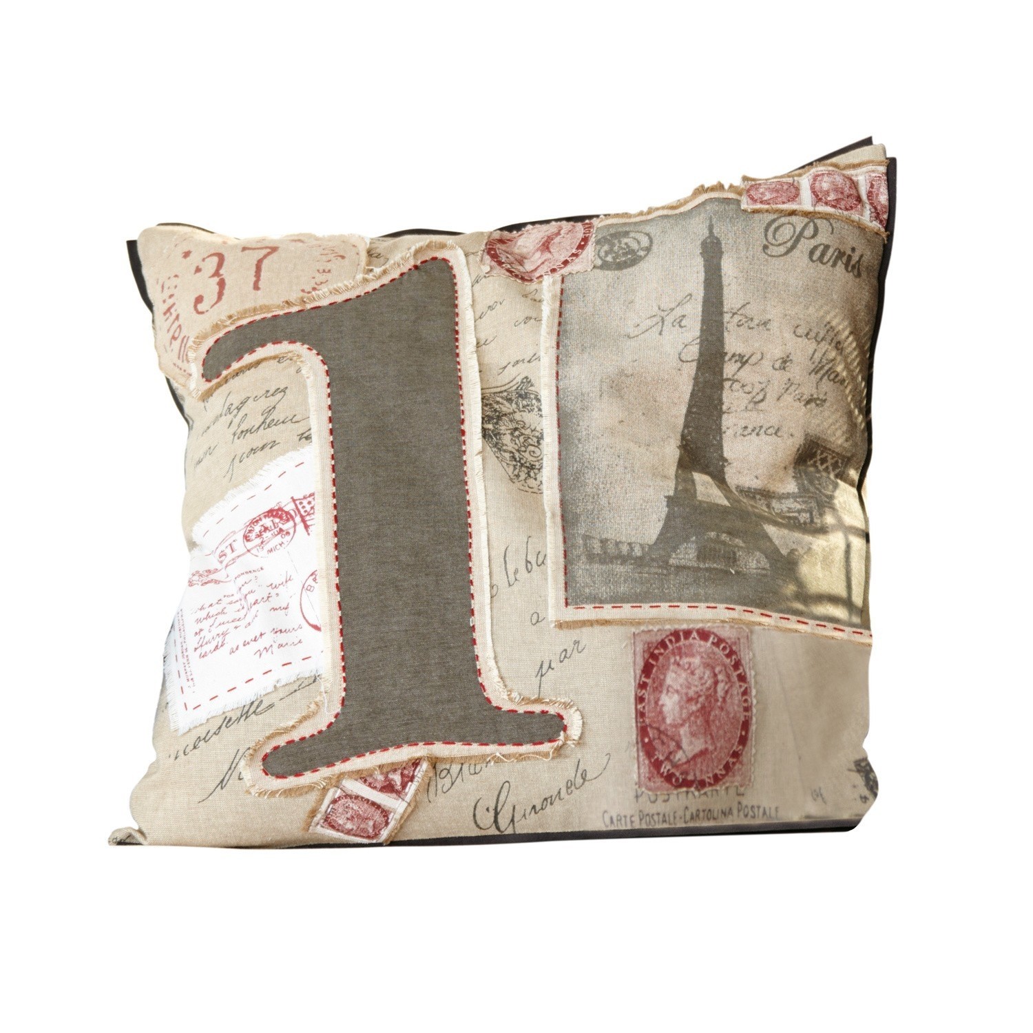 Kissen Coussin Beige Baumwollkissen mit Paris-Motiv und großer grauer Zahl 1, dekorativer Vintage-Stil