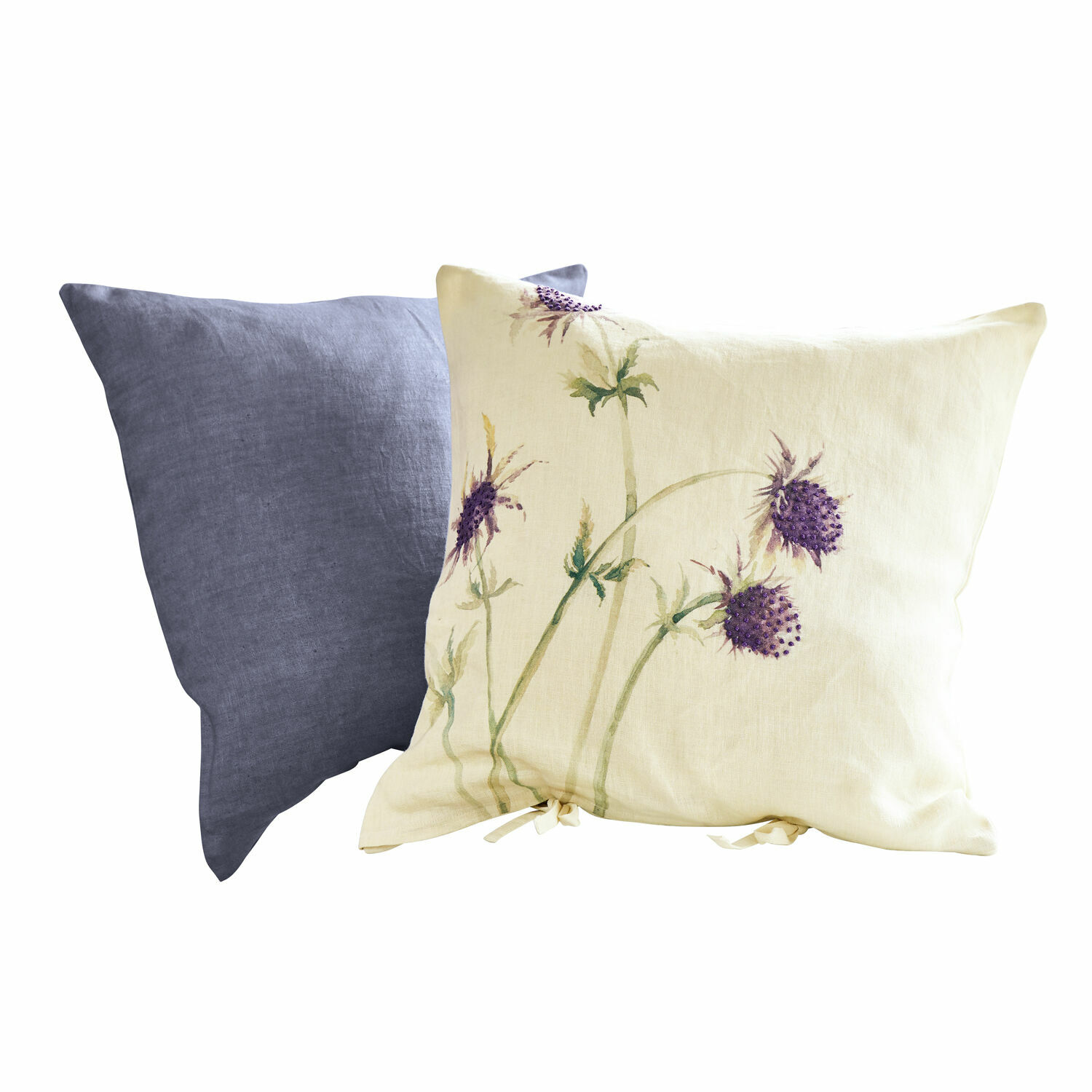 Kissenhülle 2er Set Épine Set aus zwei Leinenkissen, eines cremefarben mit lila Blumenmuster, das andere uni grau für Wohnraum