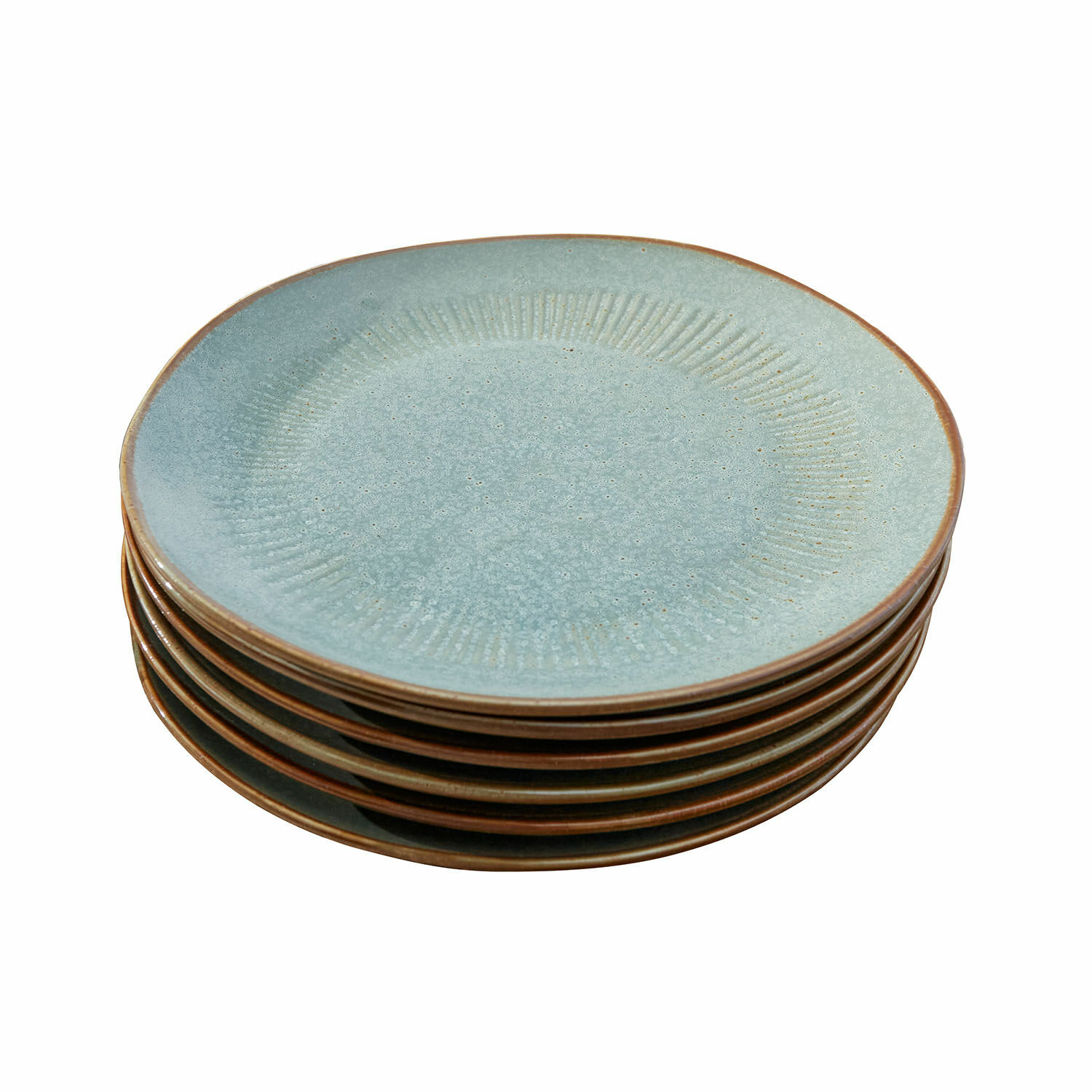 Teller 6er Set Périers Set aus blauen Keramiktellern mit braunem Rand, ideal für Tischdekoration und Servieren von Speisen