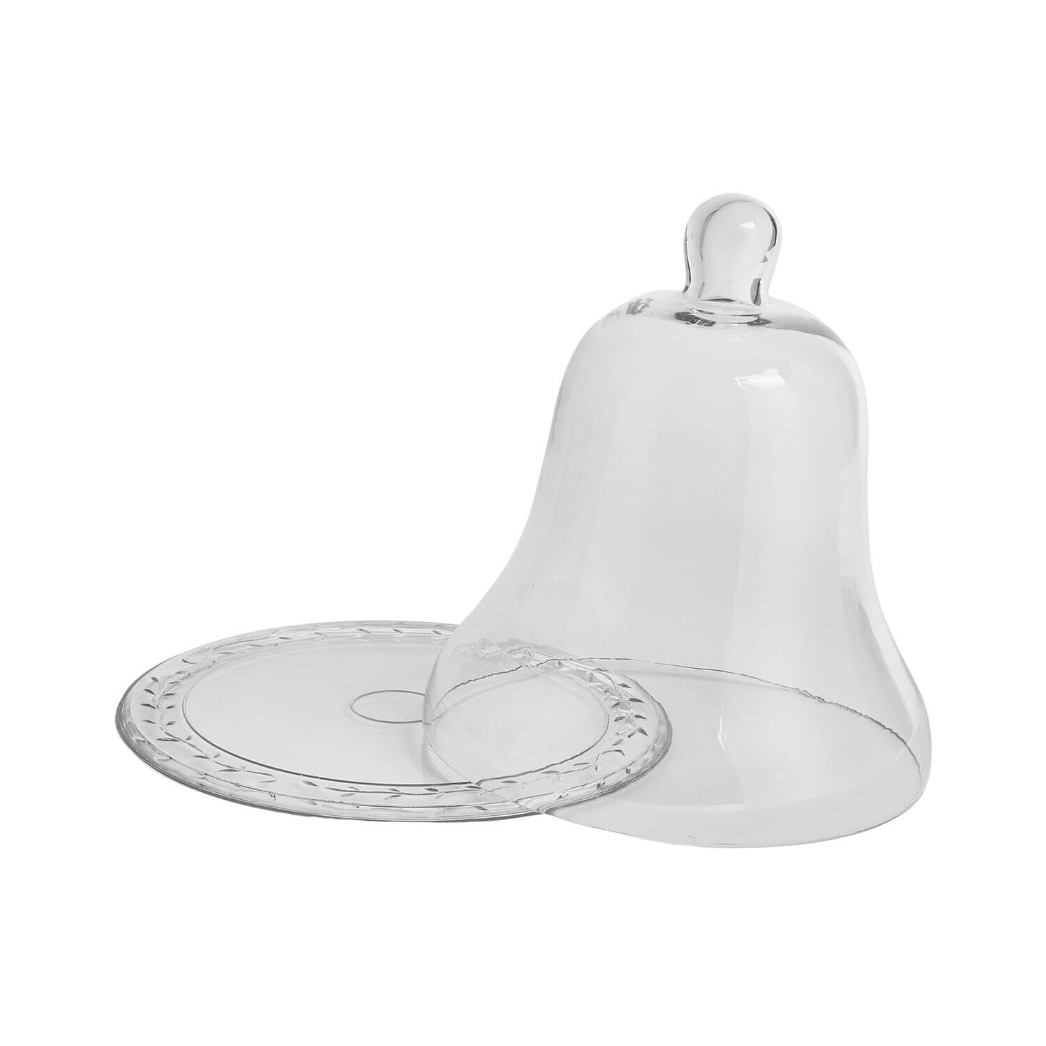 Transparente Glasglocke mit dekorativem Teller zum Servieren von Kuchen und Gebäck