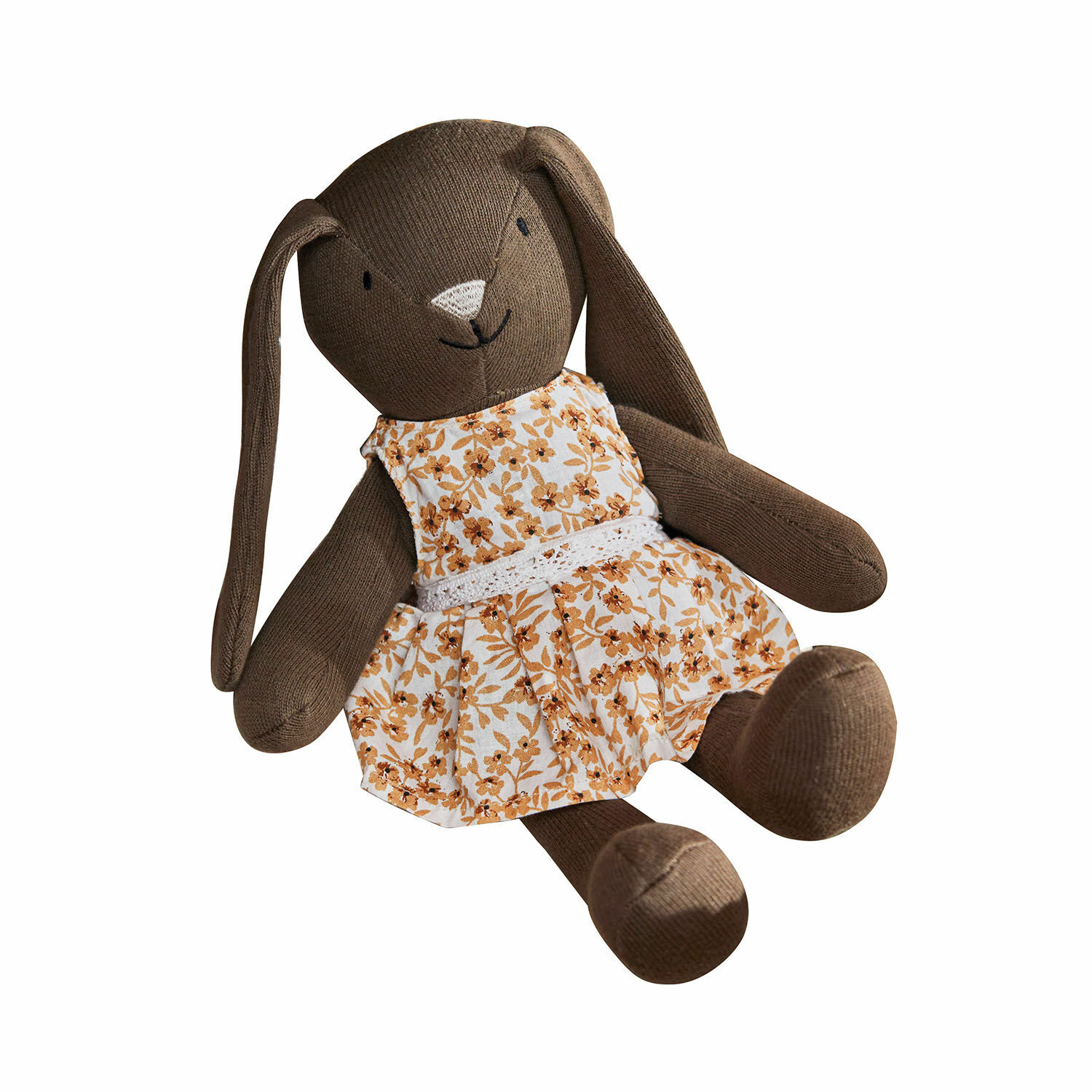 Stofftier Pippaloo Brauner Plüschhase mit beigem und orangefarbenem Blumenmusterkleid, weiches Kinderspielzeug