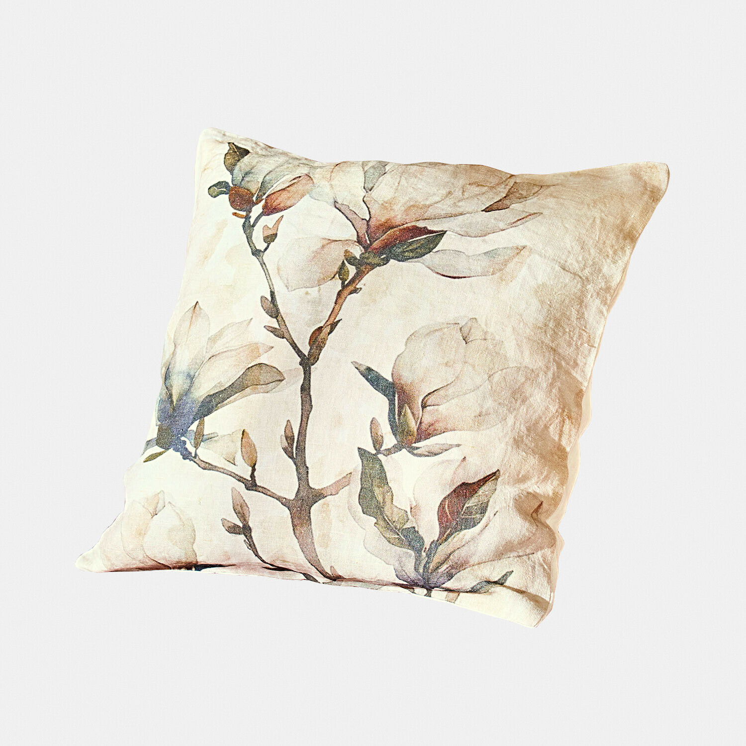 Kissenhülle Aurélines Beige Leinenkissen mit Magnolienblüten-Motiv, dekorativ und weich für das Wohnzimmer