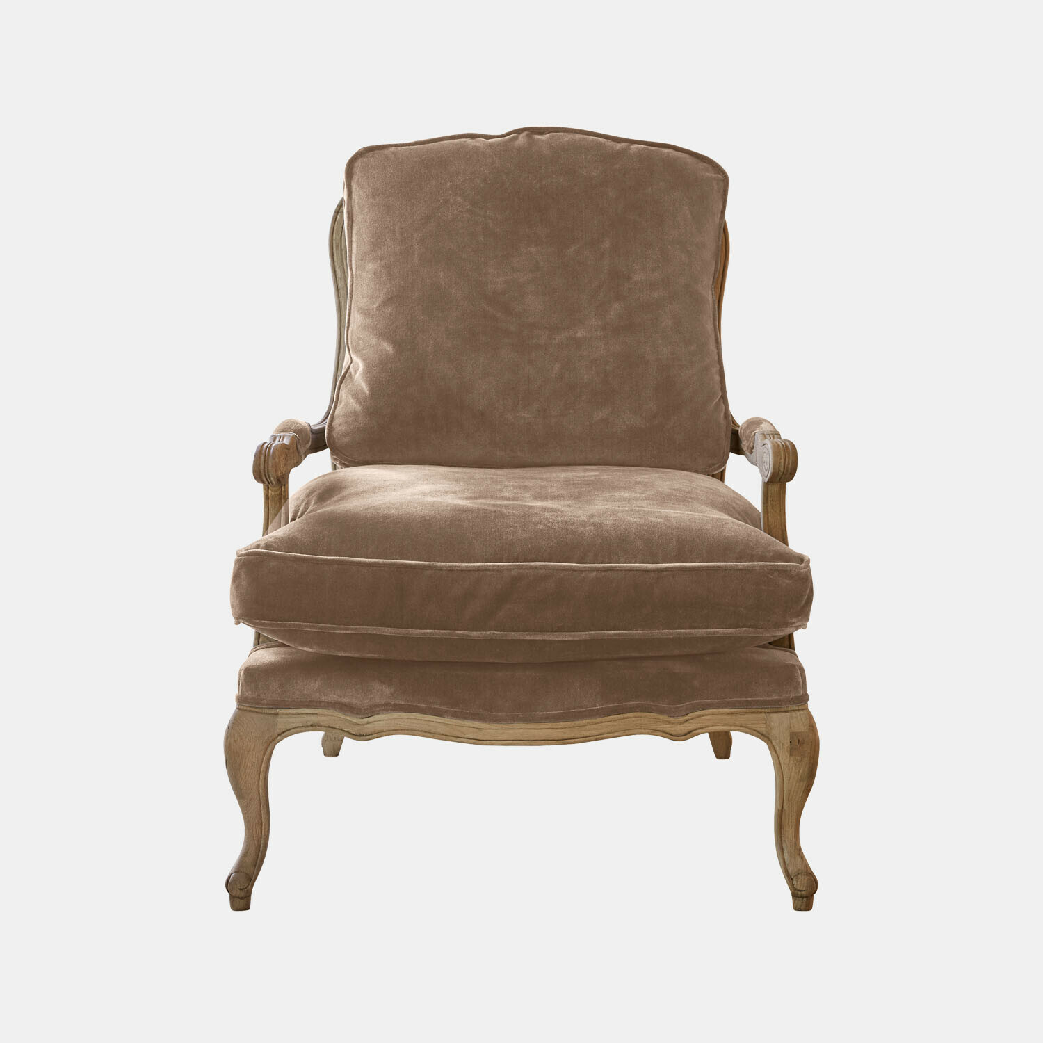taupe/braun Sessel Corlay mit taupefarbenem Samtbezug und geschnitztem Holzrahmen im Vintage-Stil