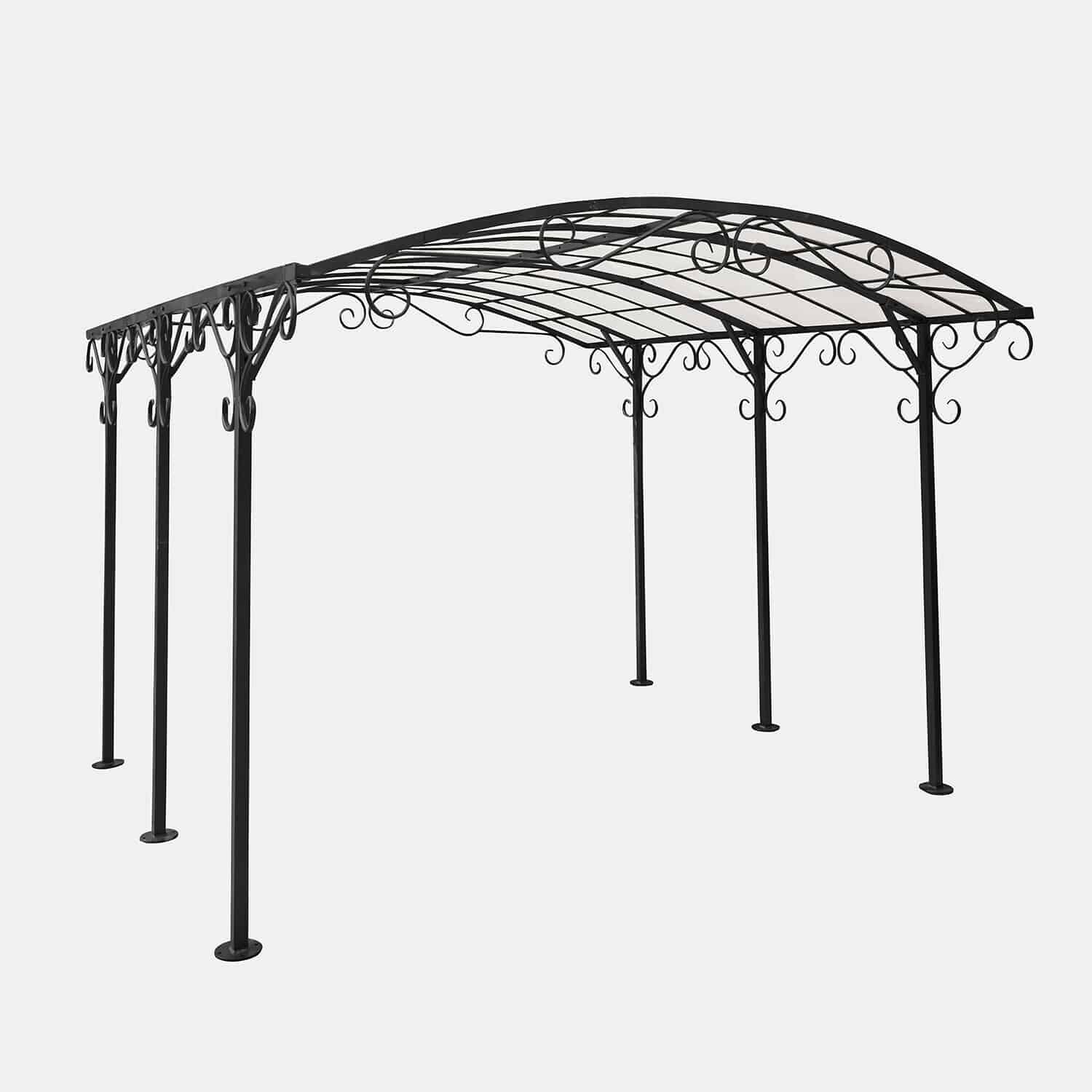 Pergola Delbridge Schwarze Metall-Gartenlaube mit dekorativen Schnörkeln und gewölbtem Dach für Terrasse
