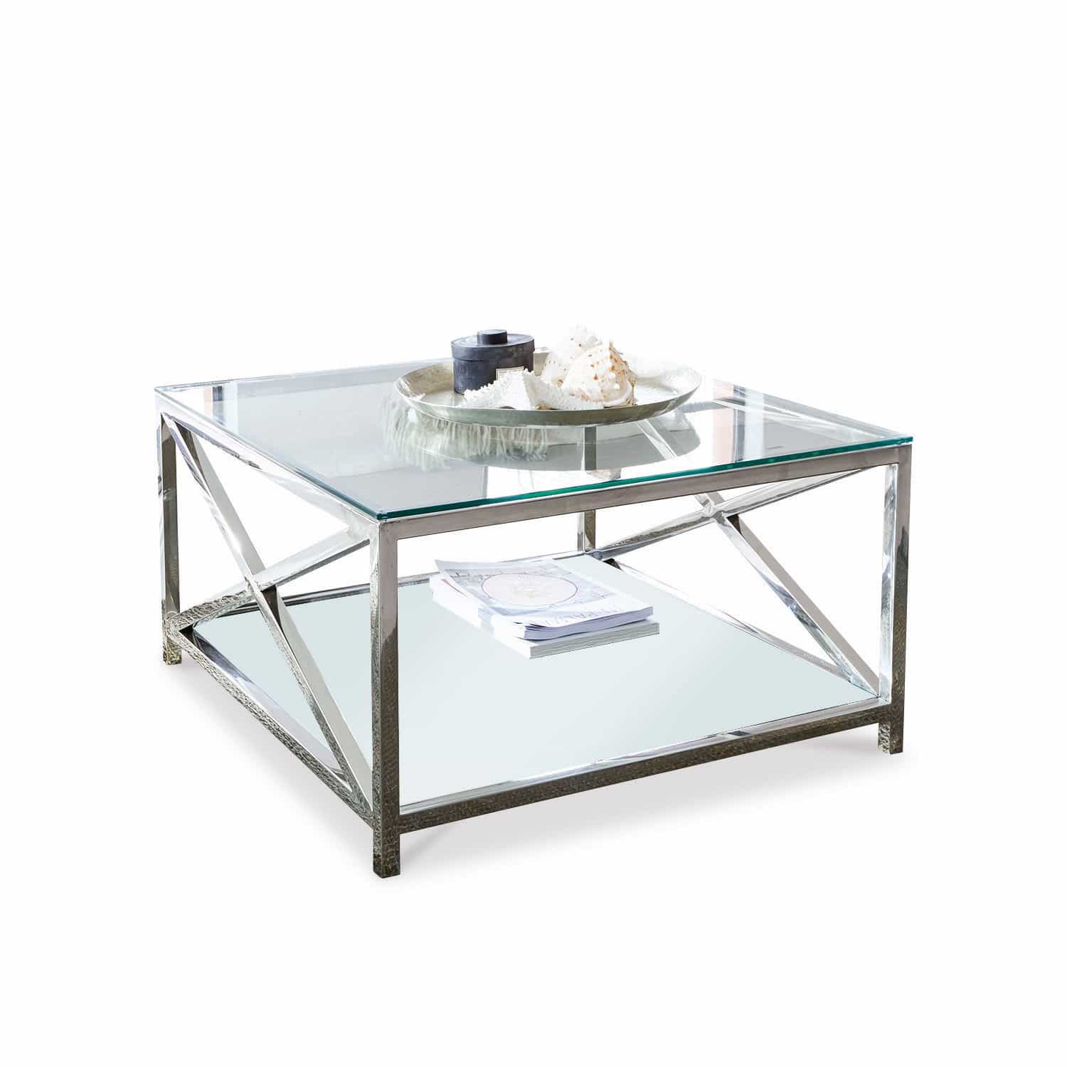 Couchtisch Stamford Quadratischer Couchtisch mit Glasplatte und silbernem Metallgestell für Wohnzimmer