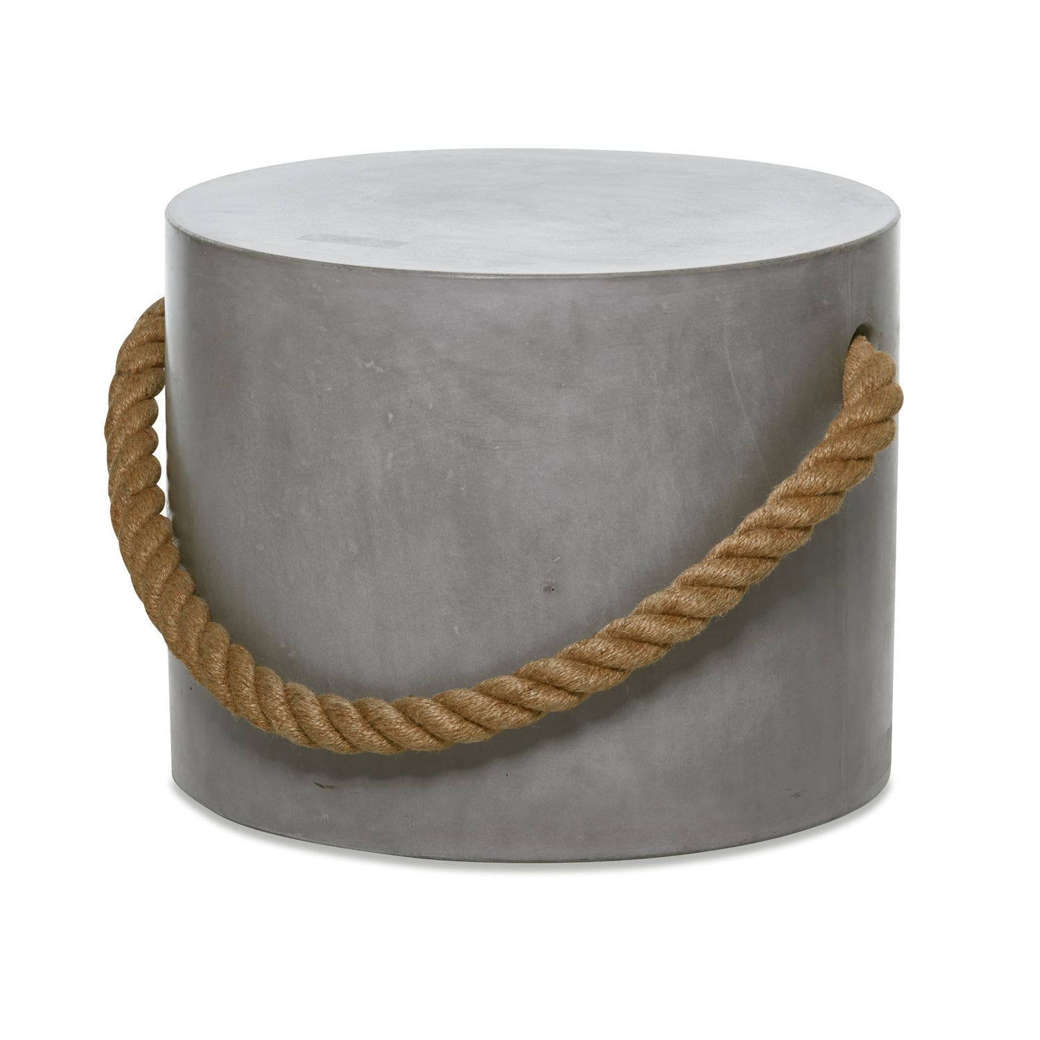 Hocker Kaedi Runder Beistelltisch aus grauem Beton mit dickem Trage-Seil, moderner und robuster Wohnzimmertisch