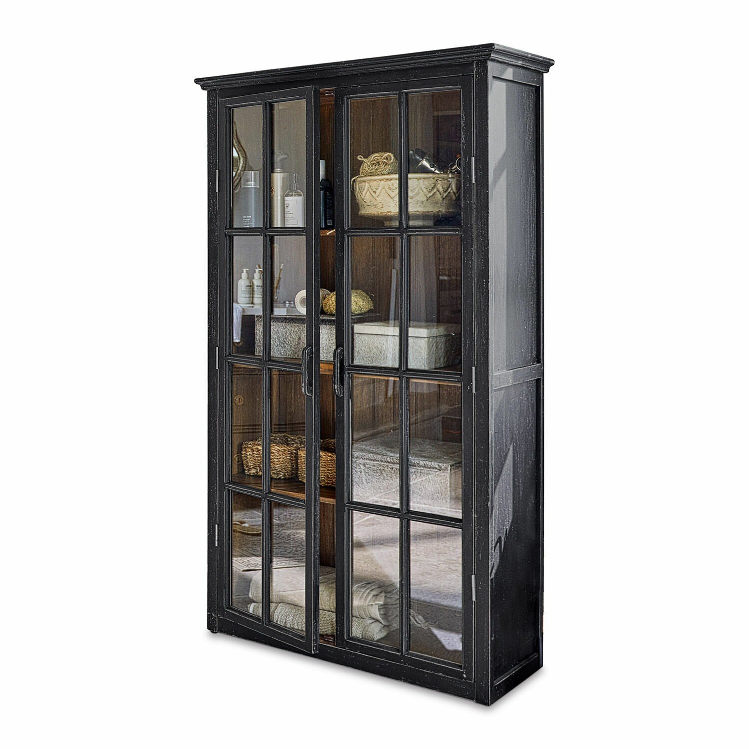 Antikschwarzer Holzschrank Keanu mit Glastüren für stilvolle Aufbewahrung und Dekoration