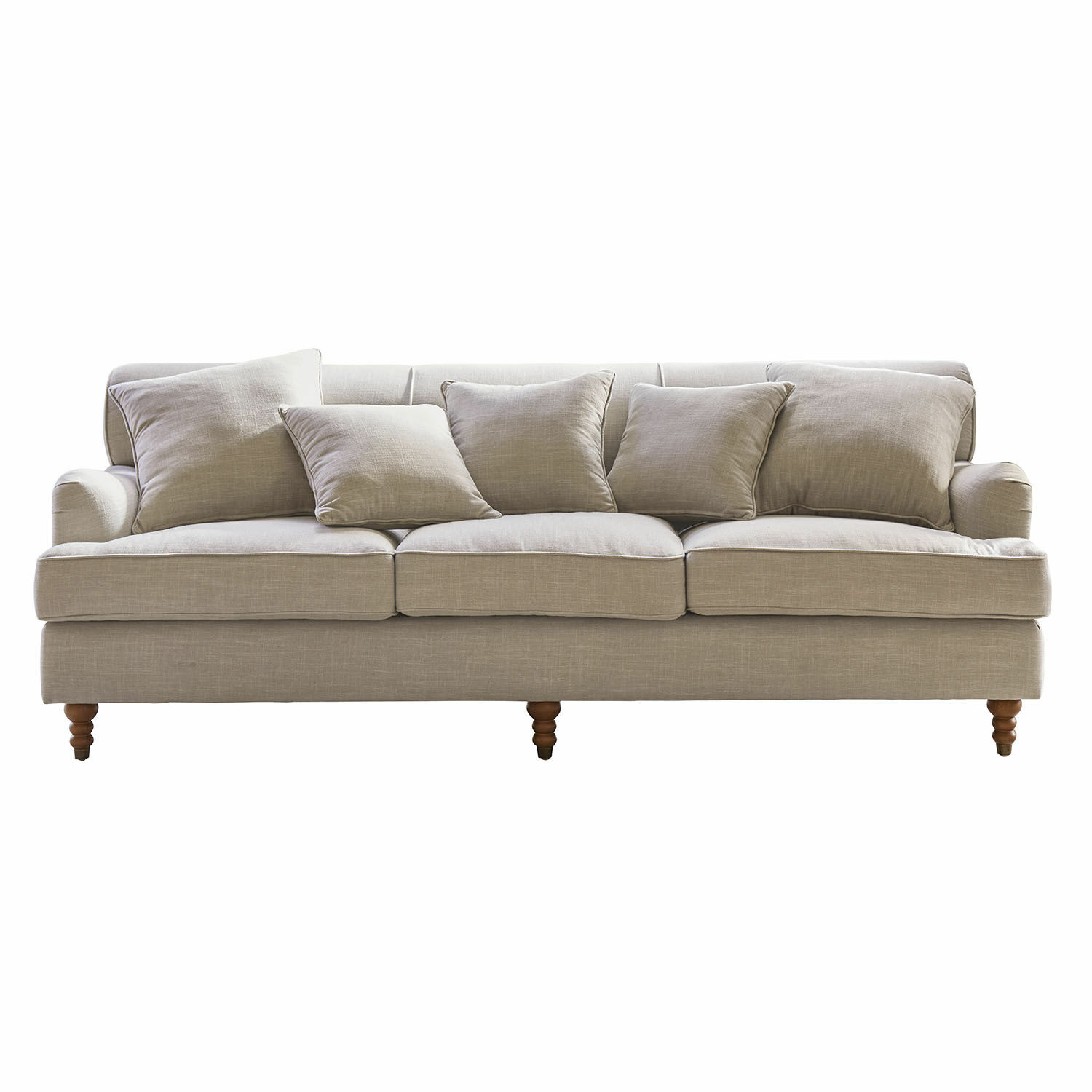 Sofa Isa Beiges Sofa aus Stoff mit Kissen und gedrechselten Holzbeinen, bequemes Wohnzimmermöbel