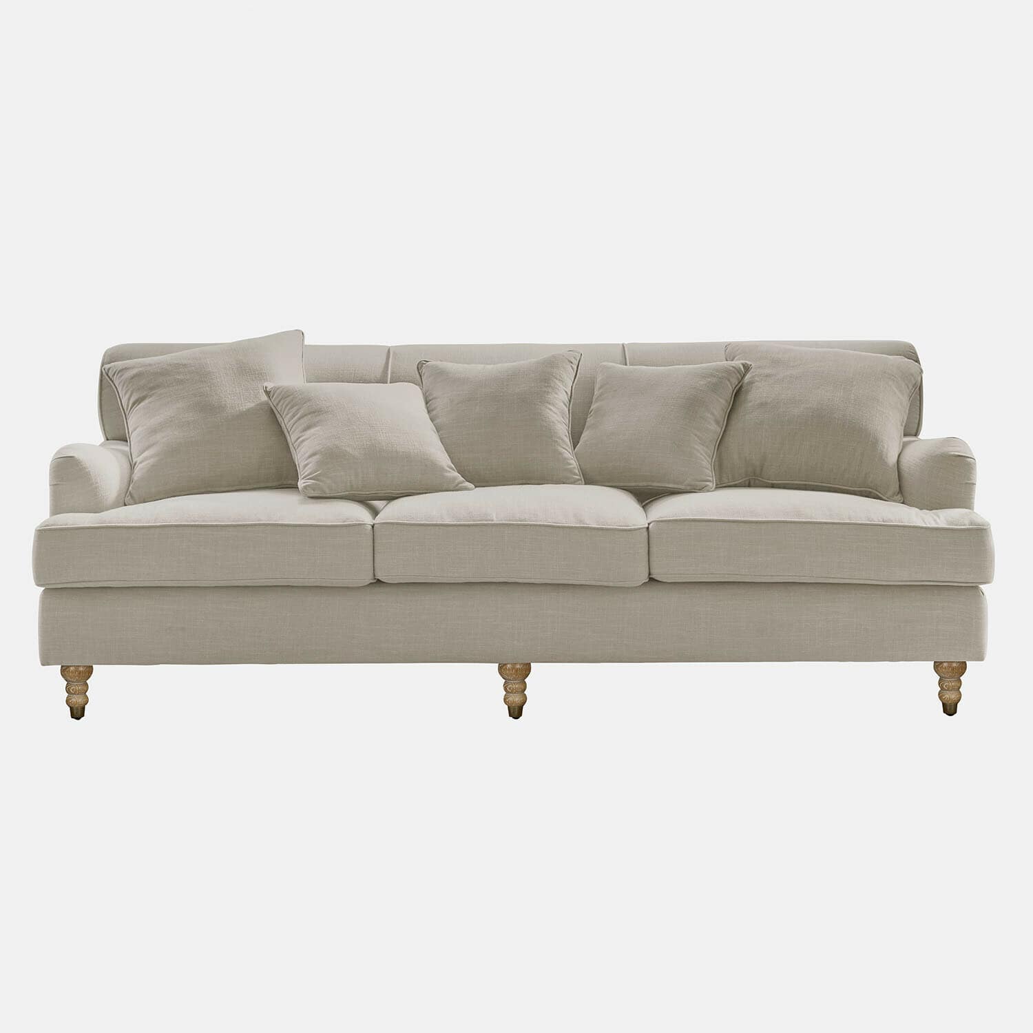Sofa Isa Beiges Sofa aus Stoff mit Kissen und gedrechselten Holzbeinen, bequemes Wohnzimmermöbel