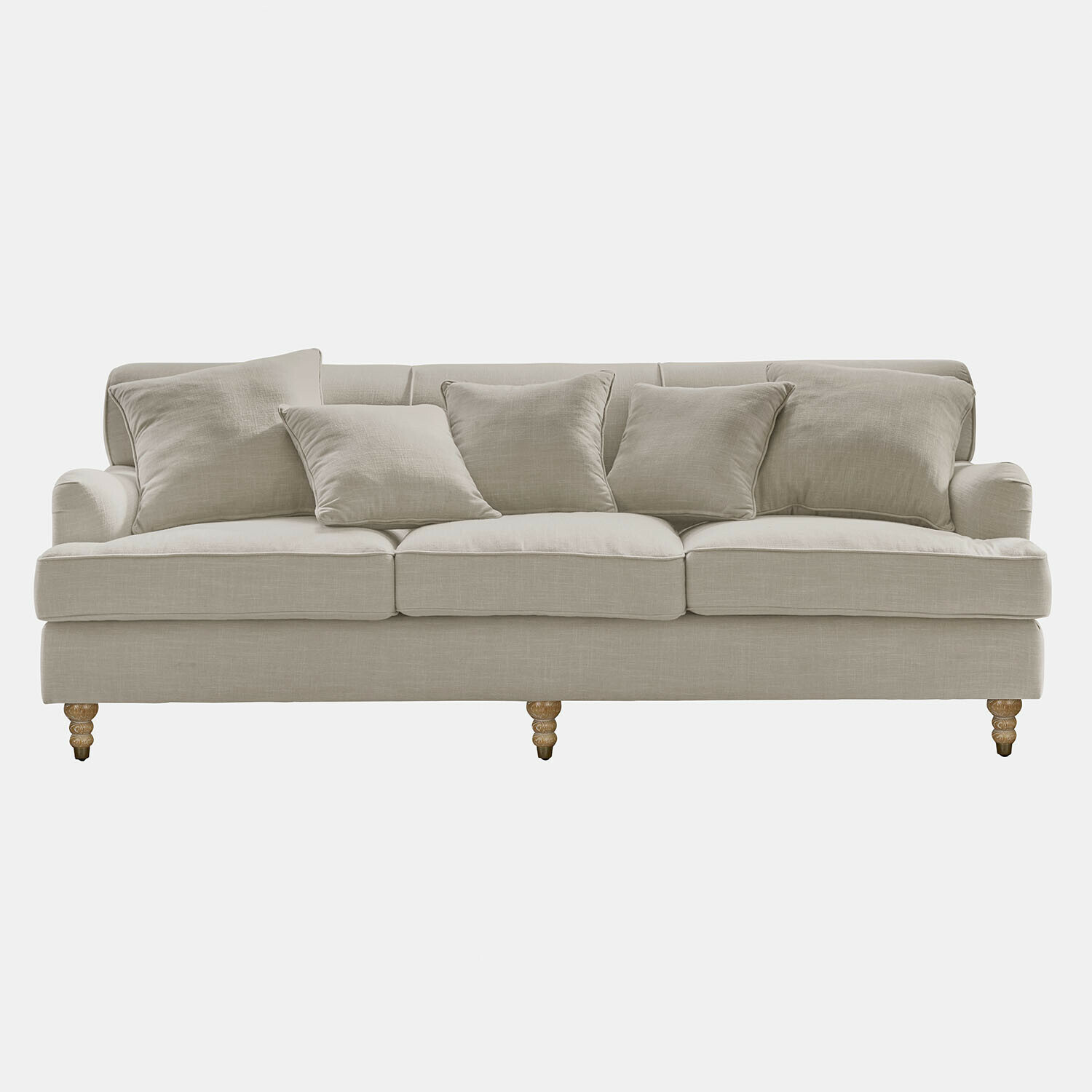 Sofa Isa Beiges Sofa aus Stoff mit Kissen und gedrechselten Holzbeinen, bequemes Wohnzimmermöbel