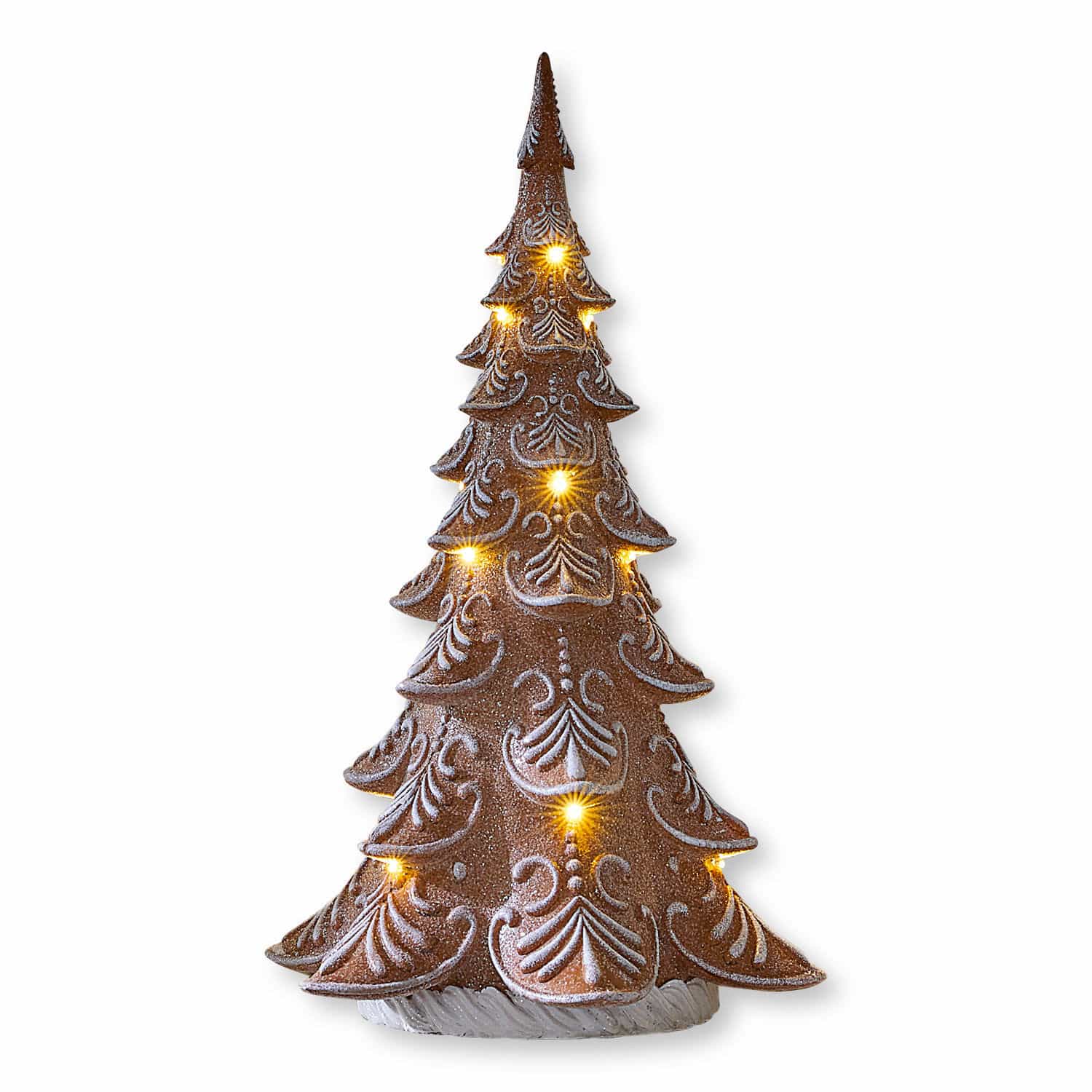Brauner Keramik-Weihnachtsbaum mit weißem Muster und warmgelben LED-Dekolichtern