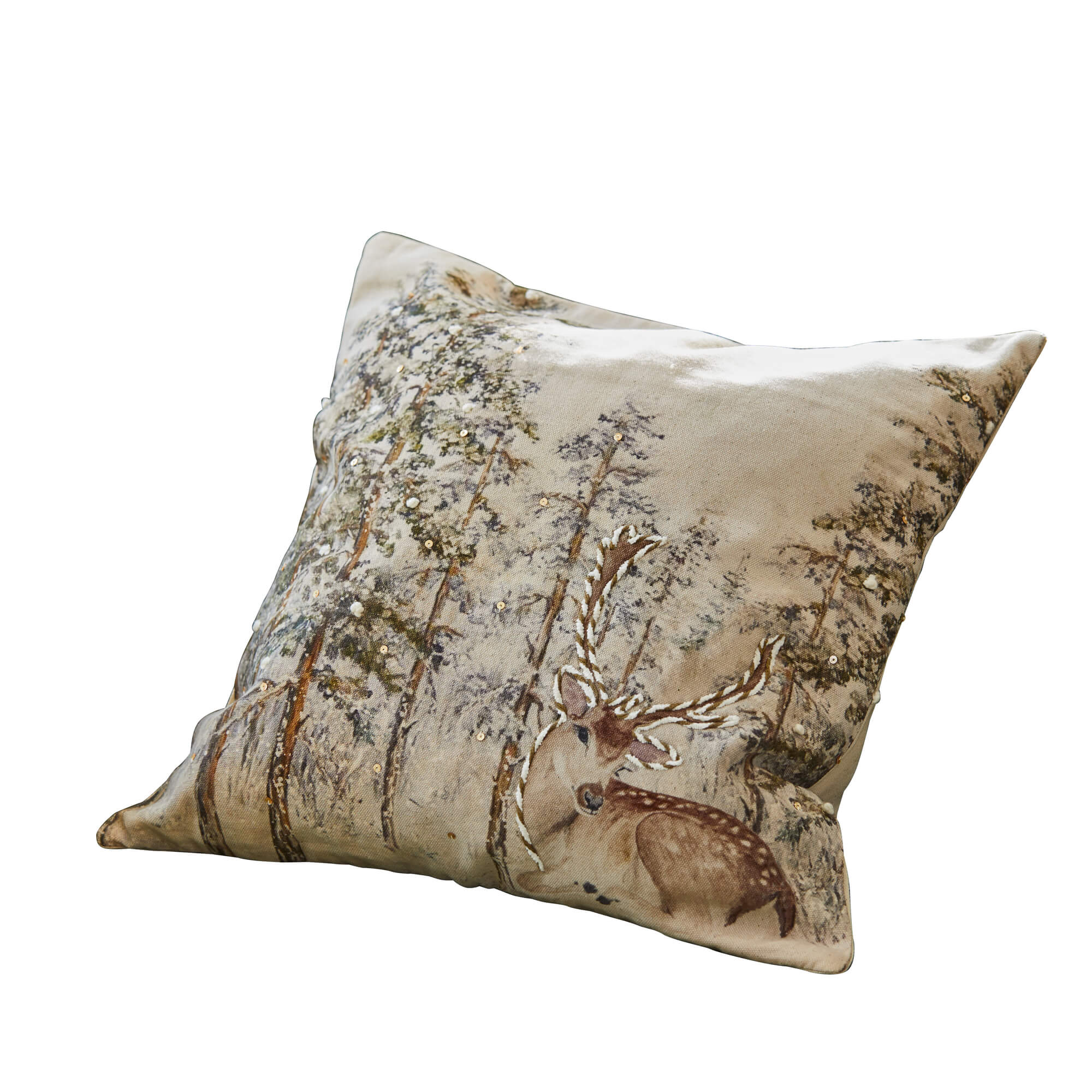 Beige Baumwollkissen mit Hirsch- und Waldmotiv, rustikaler Dekostil für Wohnzimmer