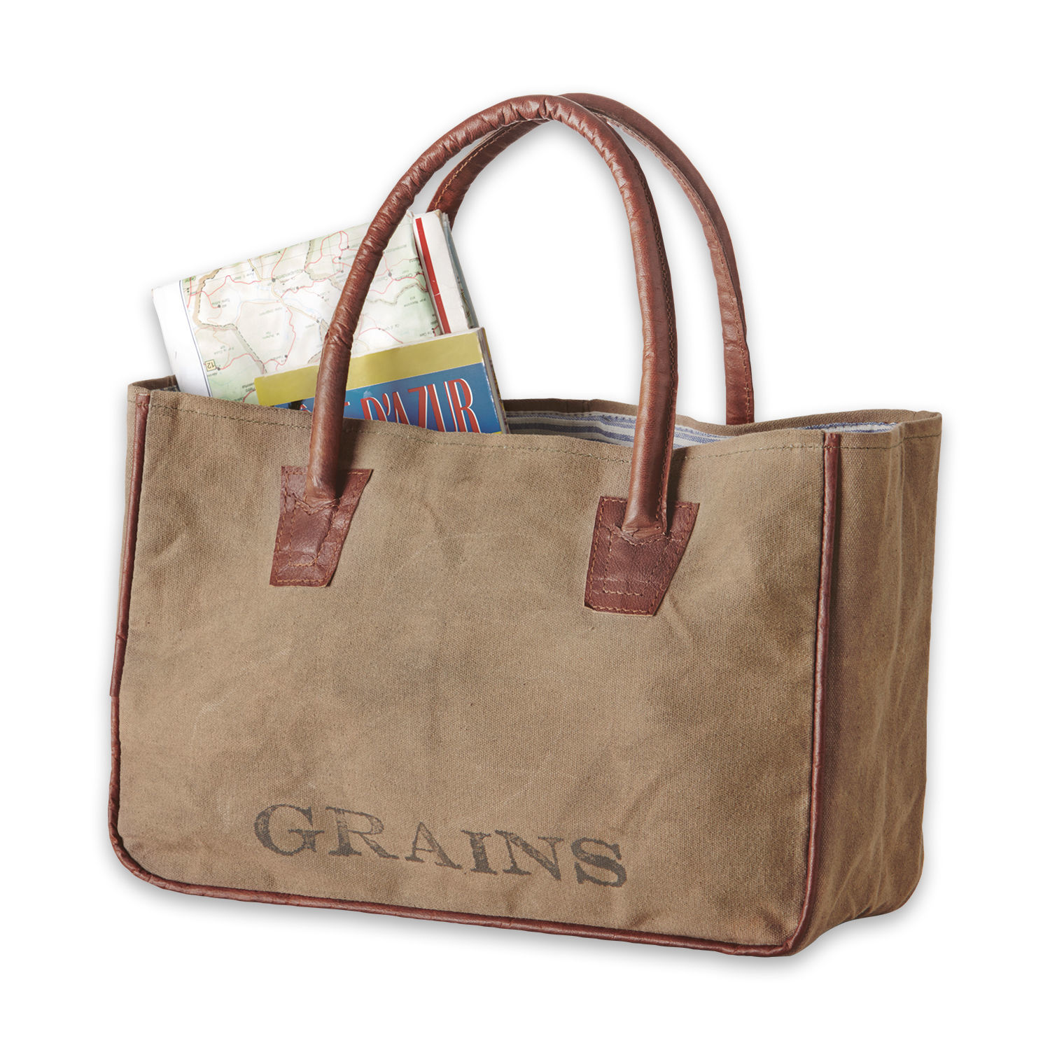 Tasche Grains Beige Stofftasche mit braunen Ledergriffen und Aufdruck GRAINS, praktisch für Einkäufe