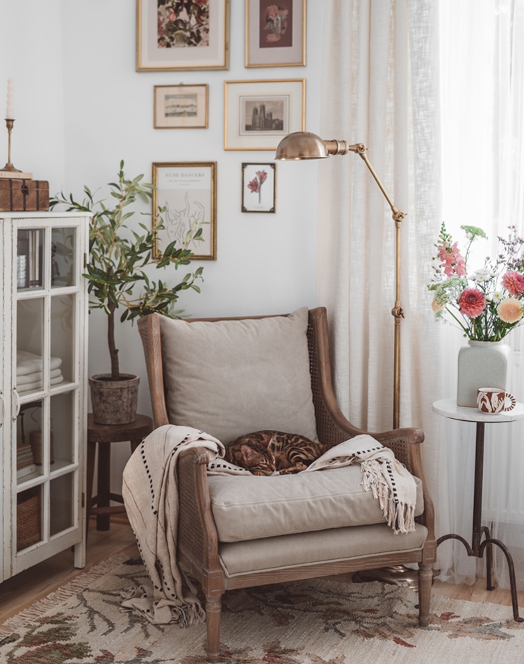 Gemütlicher Sessel mit beigem Kissen und Decke, schlafende Katze, helle Wohnzimmereinrichtung mit Lampe und Blumen