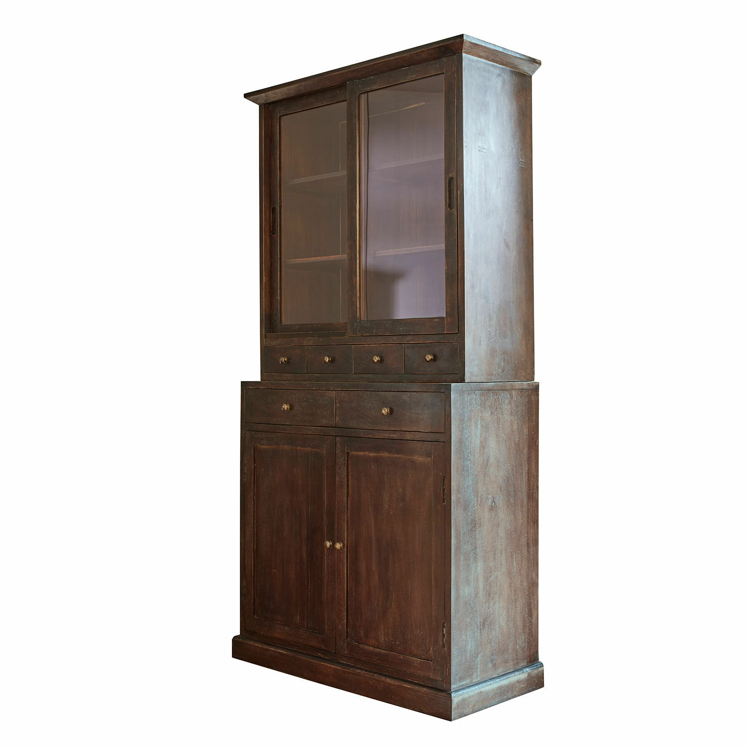 Massiver dunkler Holzschrank mit Glastüren und Schubladen für stilvolle Aufbewahrung im Wohnraum