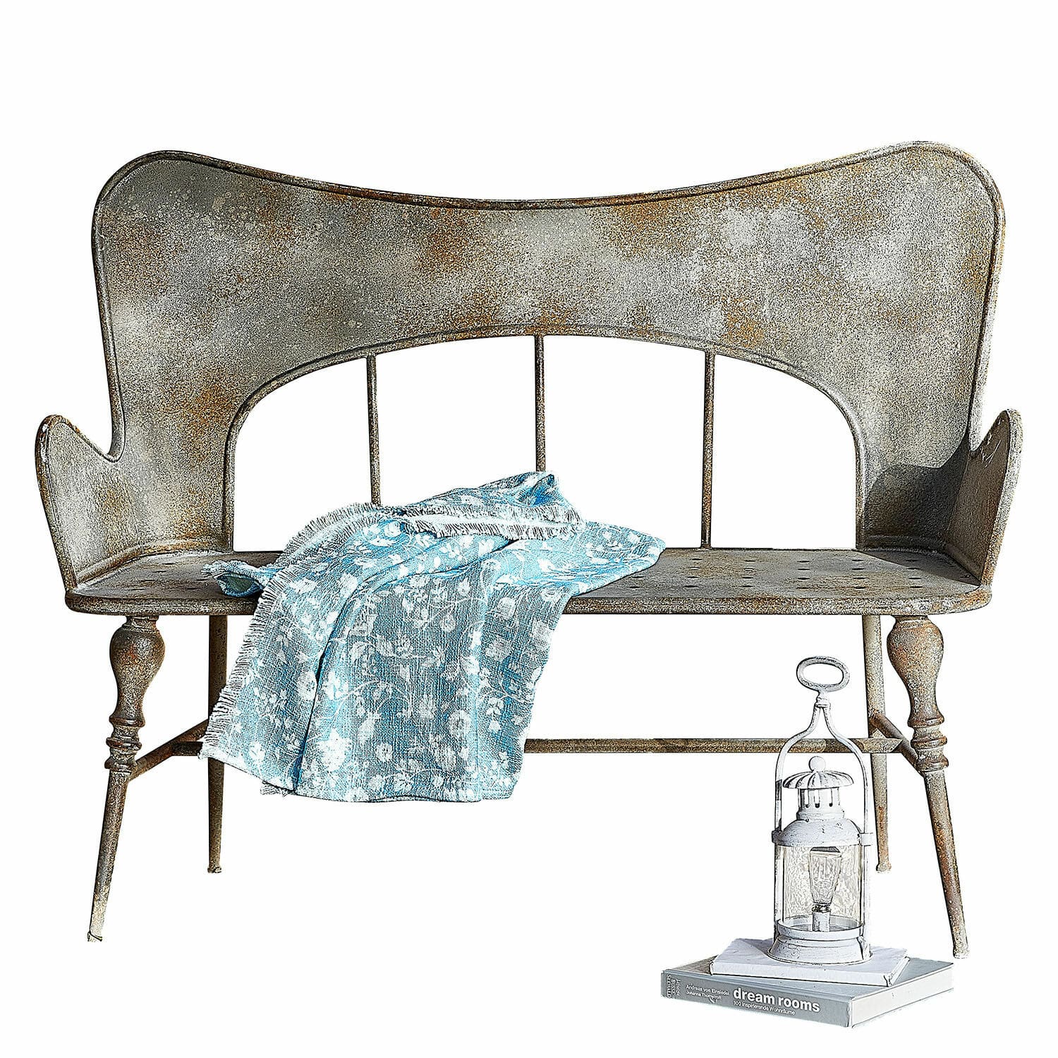 Bank Horivel Vintage Metallbank mit blau gemustertem Plaid und weißer Laterne auf Buch dekorativ
