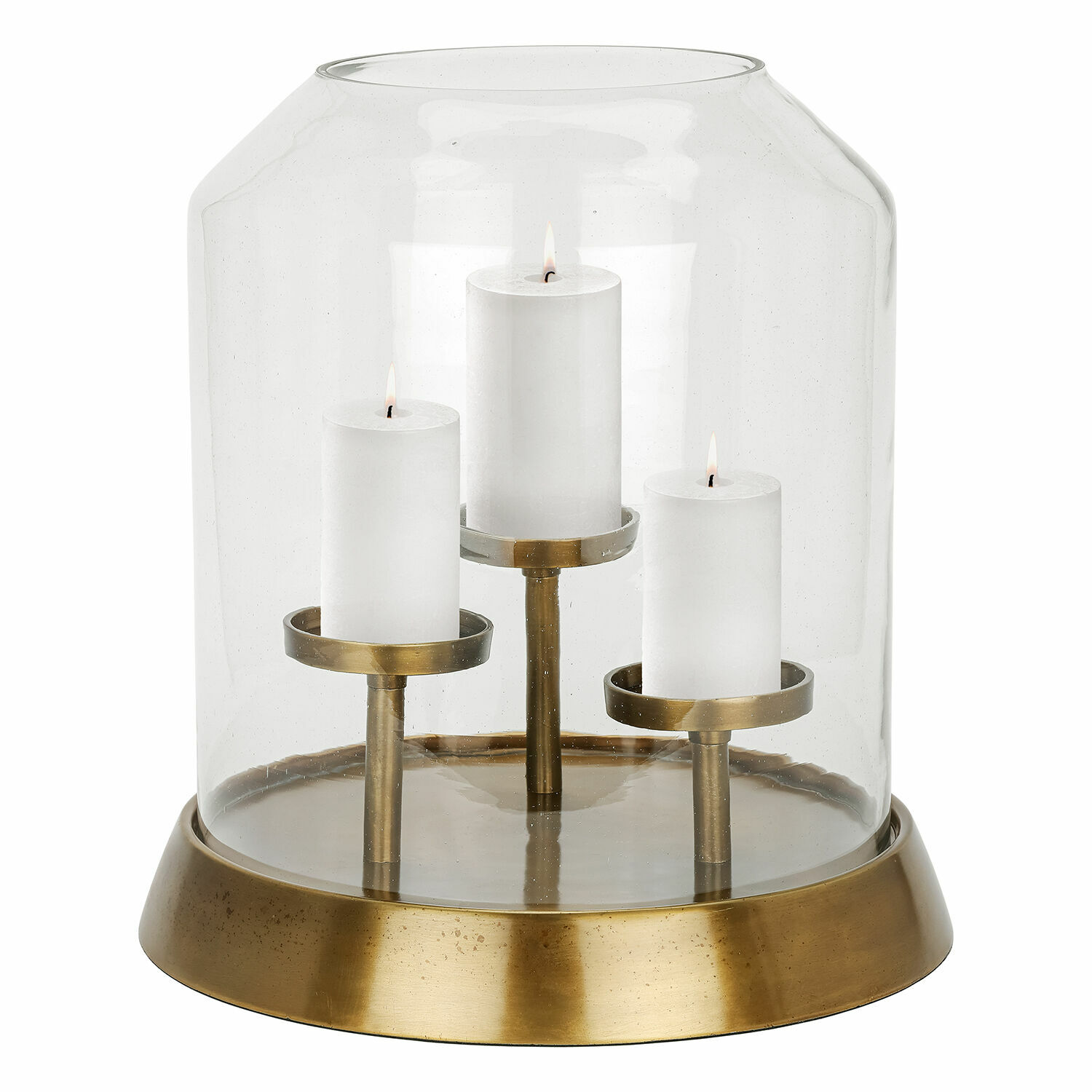 Windlicht Vemesto Glas-Kerzenhalter mit Messingbasis und drei weißen Kerzen, stilvolle Wohnraumdekoration