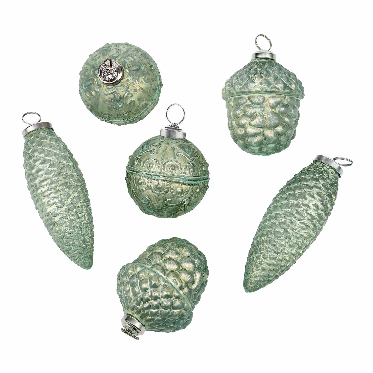 6-teiliges Set grüner und silberner Weihnachtsschmuck aus Glas mit Zapfenmotiven