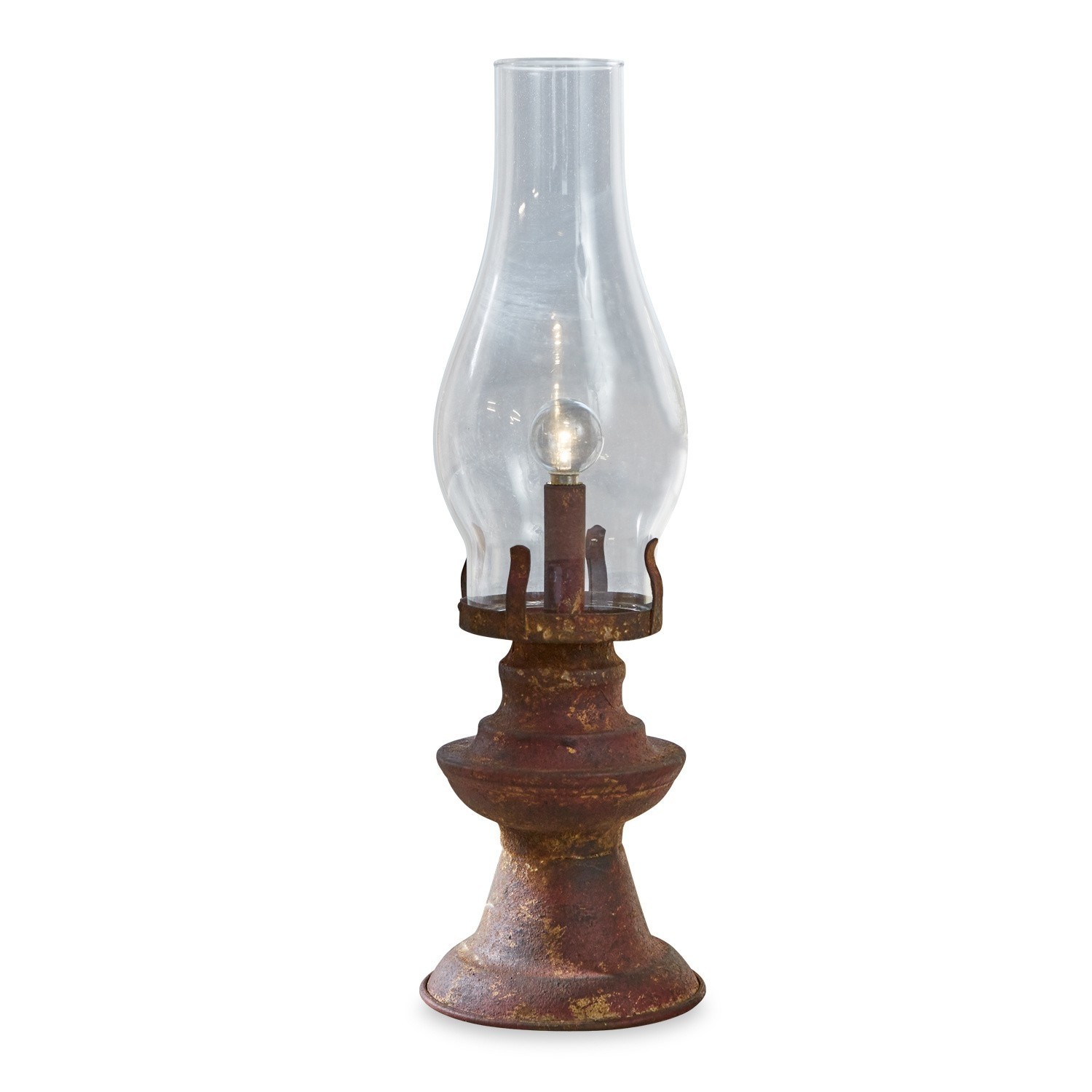 LED-Laterne Quinn Rustikale Petroleumlampe mit rostiger Metallbasis und klarem Glasaufsatz, Vintage-Dekor