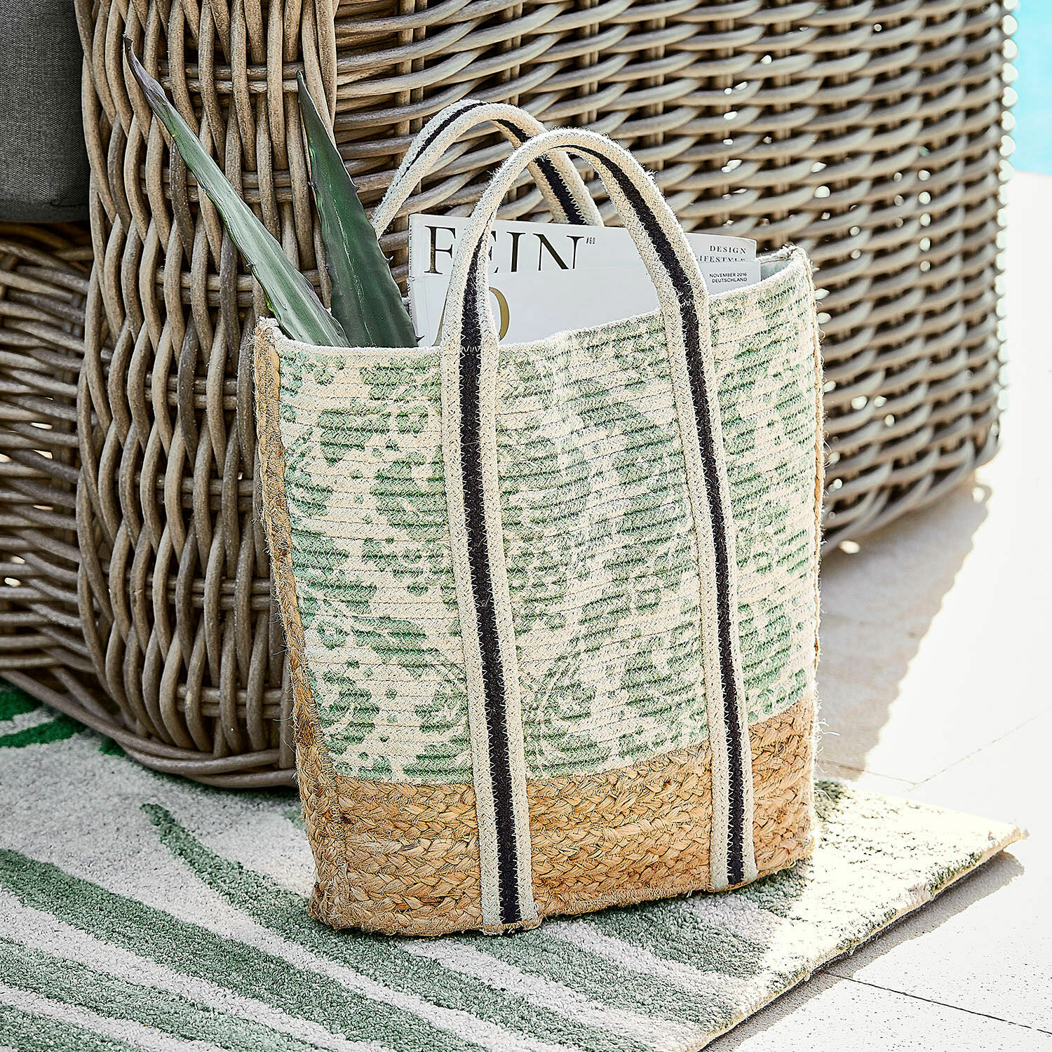 Tasche Drancel Tasche aus Jute und Baumwolle in Grün-Beige mit gestreiften Henkeln, ideal für Einkäufe