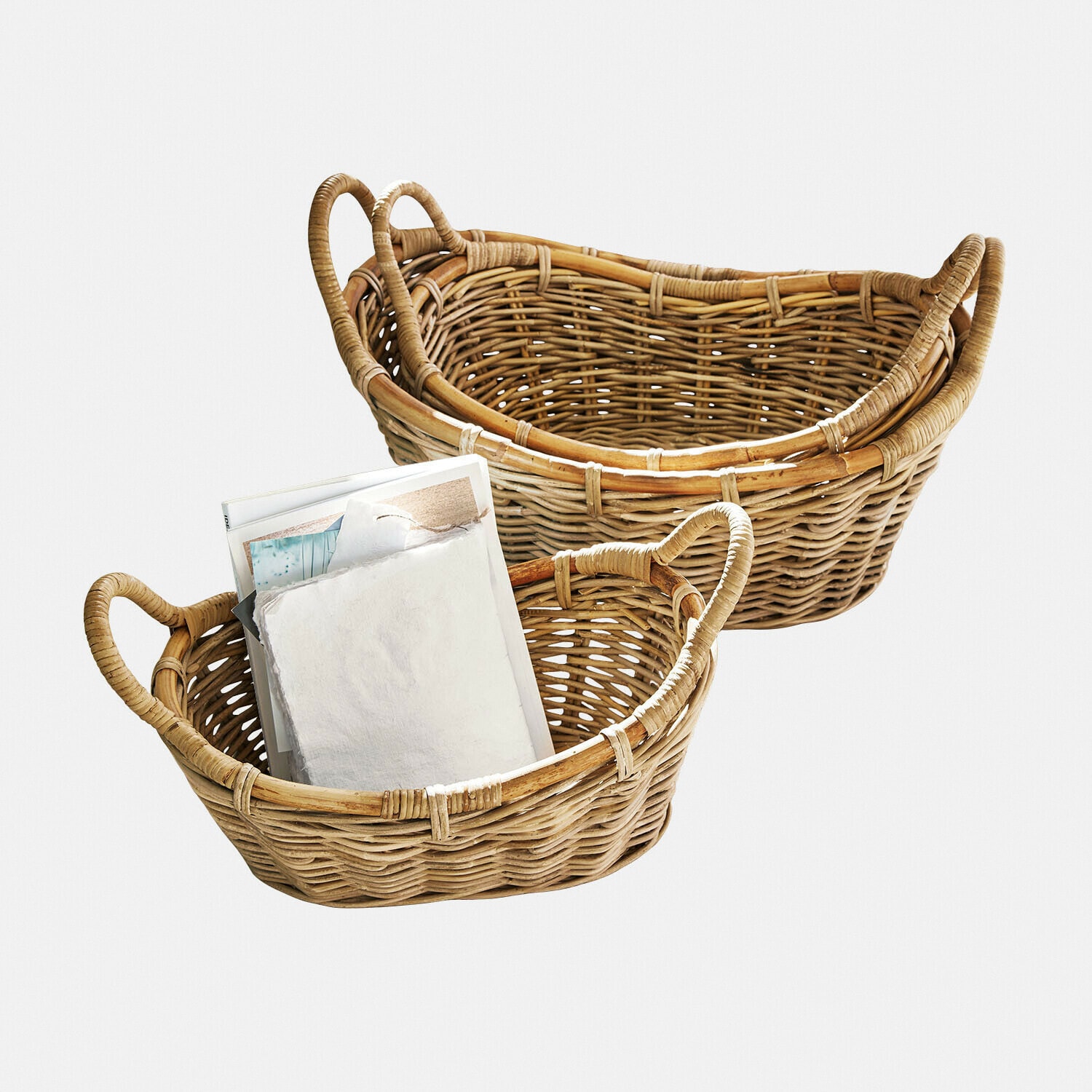 Korb 3er Set Gavelle Set aus zwei naturfarbenen Weidenkörben mit Griffen, ideal zum Aufbewahren und Dekorieren