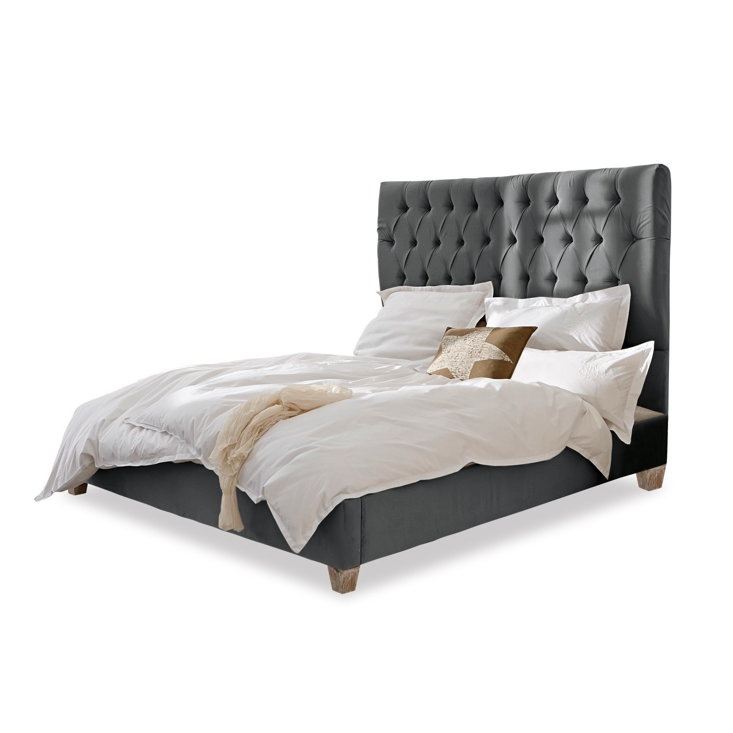 grau Bett Benton mit grauem, gestepptem Kopfteil und Holzfüßen, bezogen mit Stoff