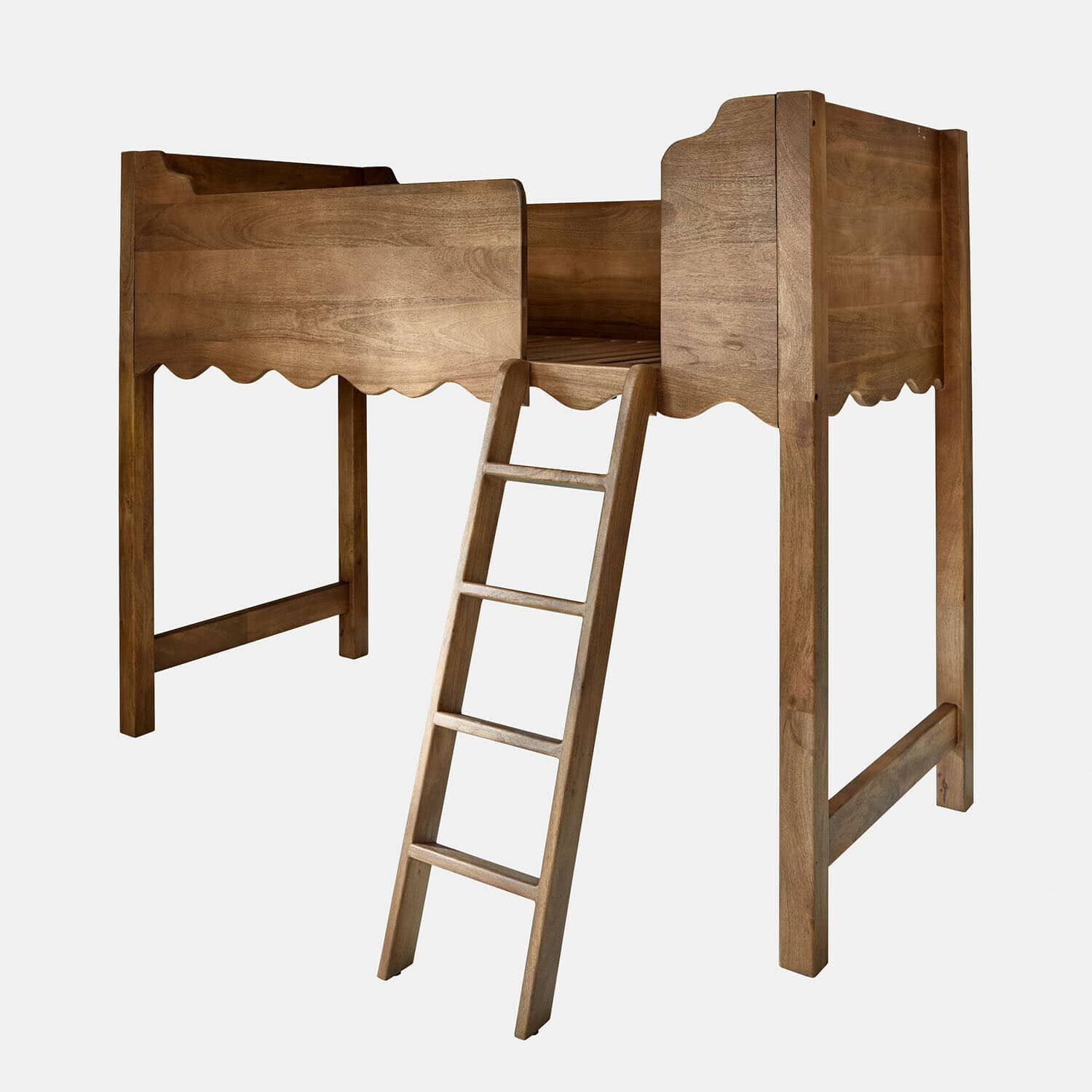 Hochbett Jomilas Hochbett aus braunem Naturholz mit Leiter, geeignet für Kinderzimmer