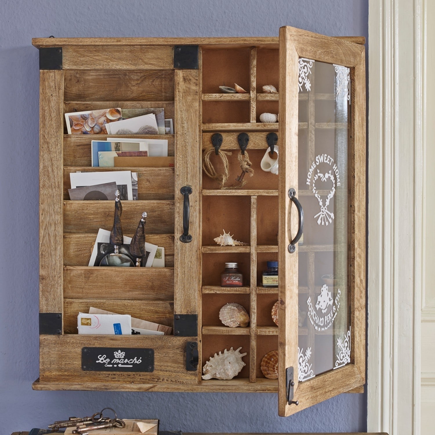 Organizer Shelby Wandbriefkasten aus Holz mit Glastür, Vintage-Dekor, Fächer für Schlüssel und Post
