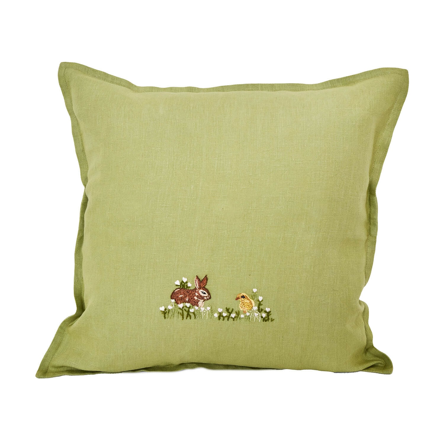 Grünes Leinenkissen mit Stickerei von Hase und Küken auf Gras, frühlingshafte Wohnraumdeko