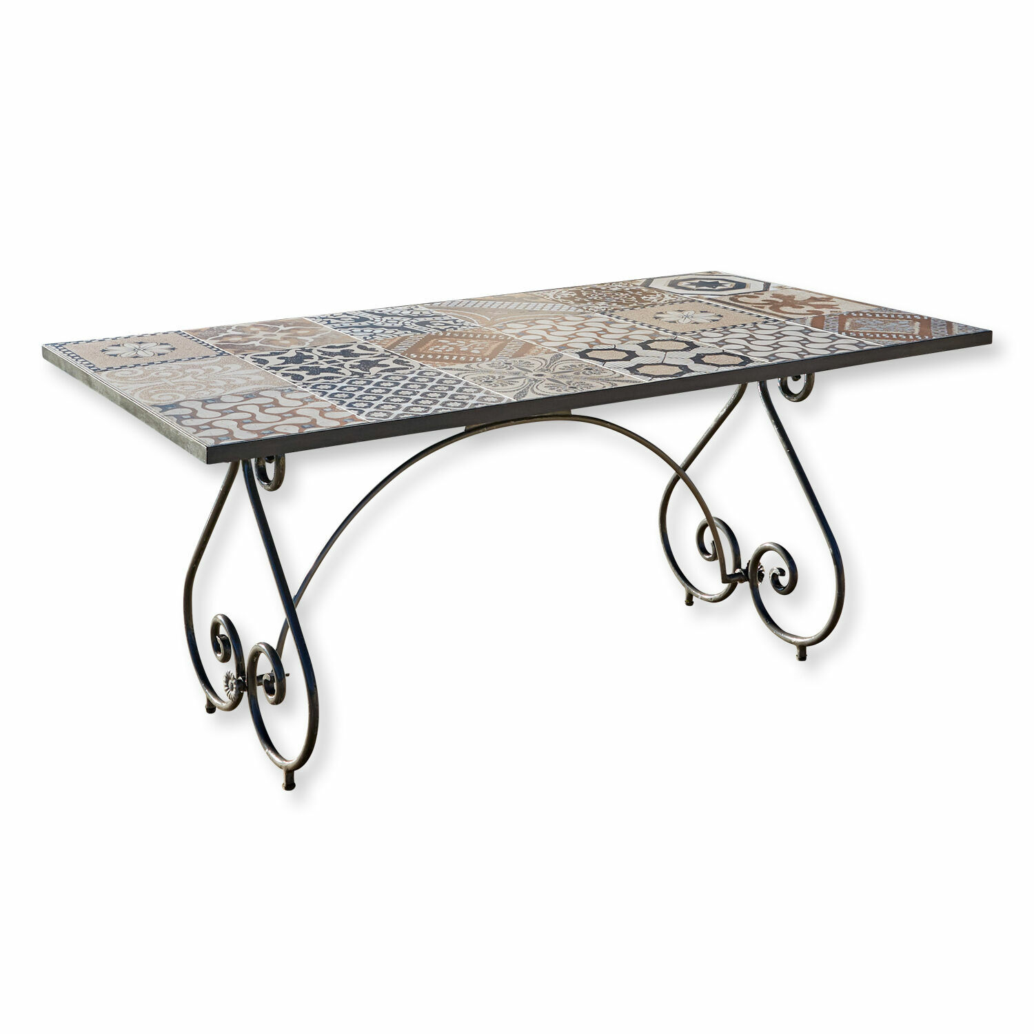 Tisch Grainville Tisch mit Metallbeinen und Keramikfliesenplatte in beige-braunen Mustern