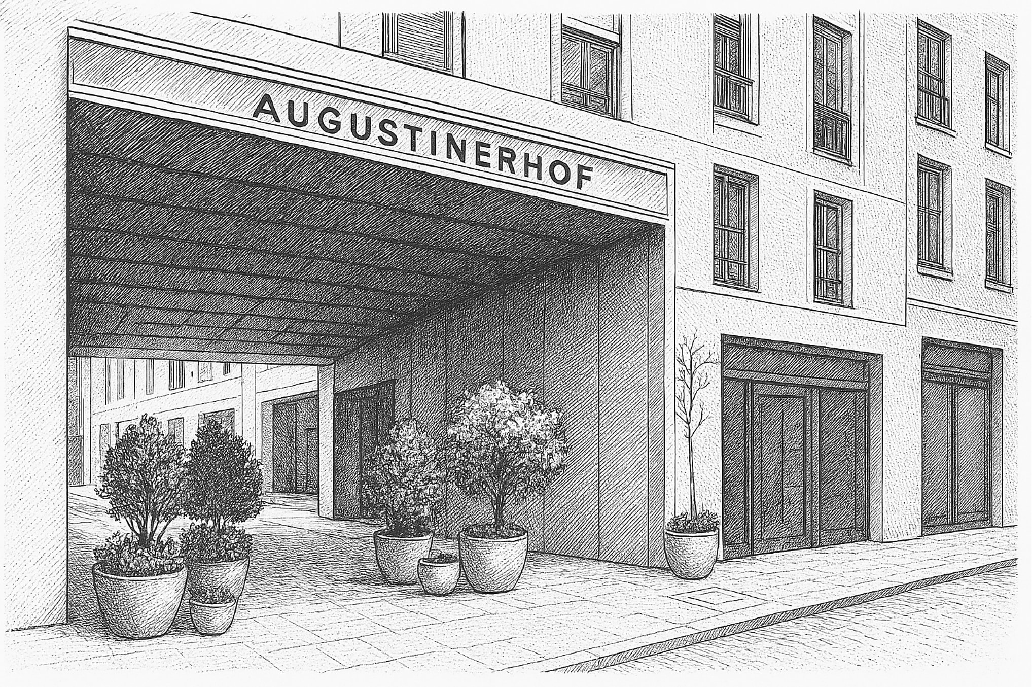 Architektonische Zeichnung des Eingangs zum Gebäude Augustinerhof mit Pflanzkübeln und Pflanzen auf dem Gehweg